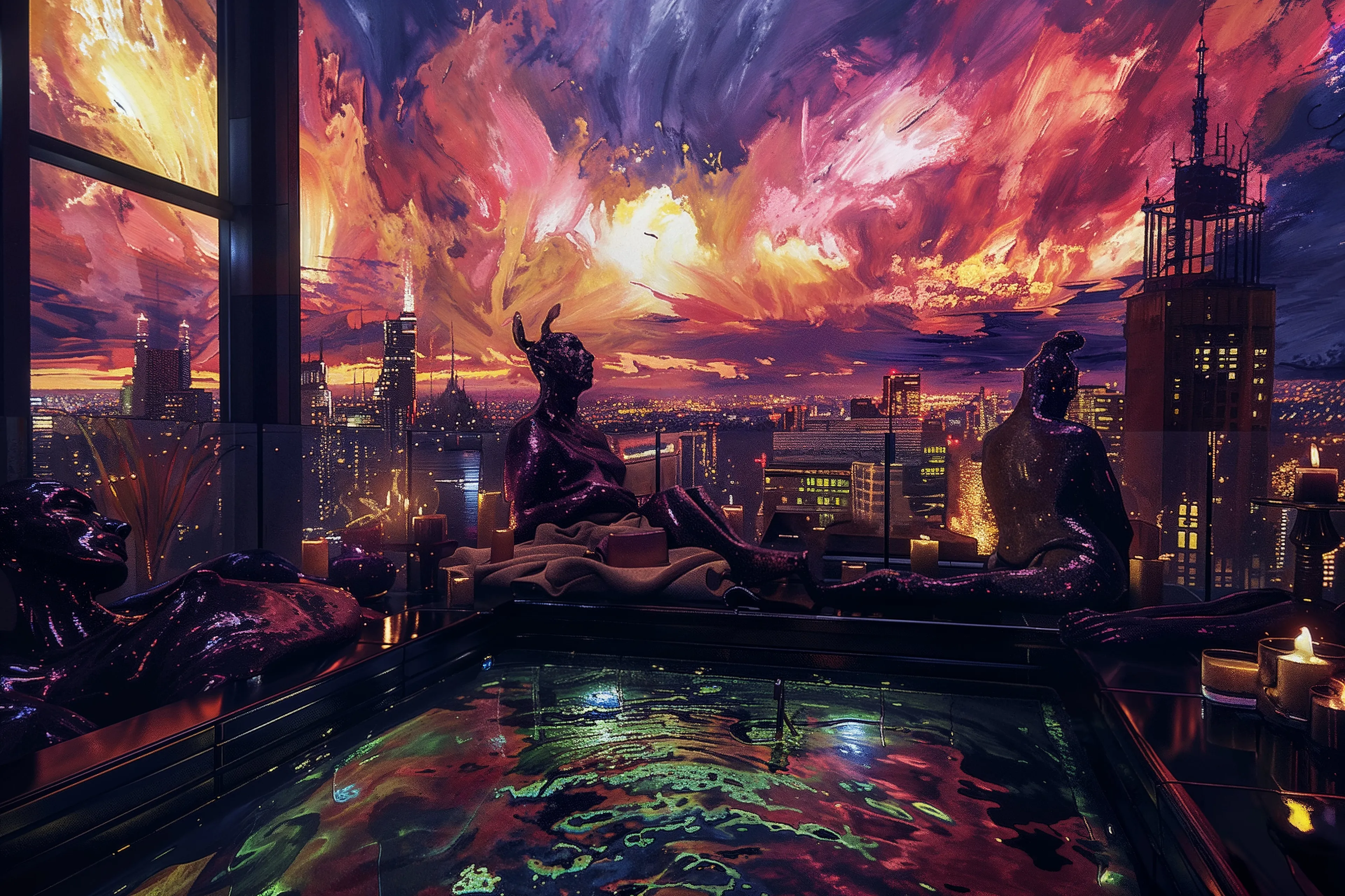 Maintain the focus.
New York Penthouse at sunset.

The ambiance is vibrant,
The weather is nice.

Motionless, 
Frozen.

- Andres Del Vecchio & MLow

//  PROCESS

1. Andrés began the creative process by crafting oil paintings, setting the foundational visual narrative with his artistic expertise.
  
2. Following his painting, Del Vecchio then composed poetry that paralleled the themes and emotions presented in his visual art, adding a literary layer to the experience.

3. MLow took on the role of a curator, meticulously organizing Del Vecchio's extensive archive of paintings and poems, ensuring each piece was ready for the next transformational step.

4. With the curated collection at hand, MLow created new pieces in MidJourney6 using Del Vecchio's paintings and poems as the inspirational seeds for generating new creations that expand upon the original works.

5. Together, MLow and Del Vecchio revisited the AI-generated art, combining their creative visions and expertise to carefully select and refine the pieces that best represented their joint aesthetic and conceptual goals.

6. Finally, MLow upscaled the chosen creations, enhancing their resolution and detail