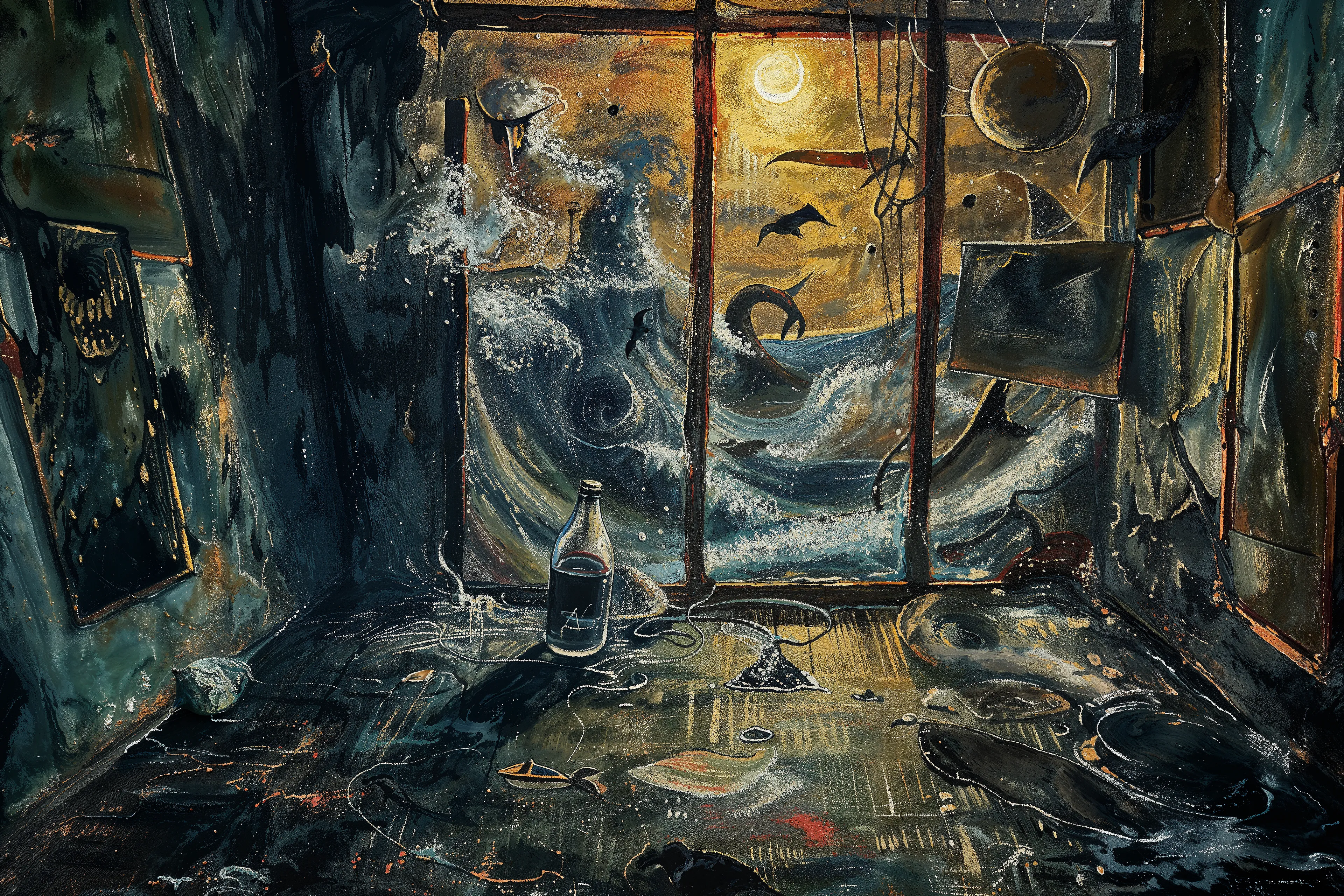 The enjoyment of art 
Comes beneath the floorboards. 
That sounds about right. 

Take pleasure in its the contemplation. 
The mysteries of the sea
The age
The atmosphere. 

A bottle of sunscreen and a seagull. 
Sea serpents and monsters. 
Play with them endlessly. 

Handle all types of damage
And a stormy enjoyment results. 

- Andres Del Vecchio 

//  PROCESS

1. Andrés began the creative process by crafting oil paintings, setting the foundational visual narrative with his artistic expertise.
  
2. Following his painting, Del Vecchio then composed poetry that paralleled the themes and emotions presented in his visual art, adding a literary layer to the experience.

3. MLow took on the role of a curator, meticulously organizing Del Vecchio's extensive archive of paintings and poems, ensuring each piece was ready for the next transformational step.

4. With the curated collection at hand, MLow created new pieces in MidJourney6 using Del Vecchio's paintings and poems as the inspirational seeds for generating new creations that expand upon the original works.

5. Together, MLow and Del Vecchio revisited the AI-generated art, combining their creative visions and expertise to carefully select and refine the pieces that best represented their joint aesthetic and conceptual goals.

6. Finally, MLow upscaled the chosen creations, enhancing their resolution and detail