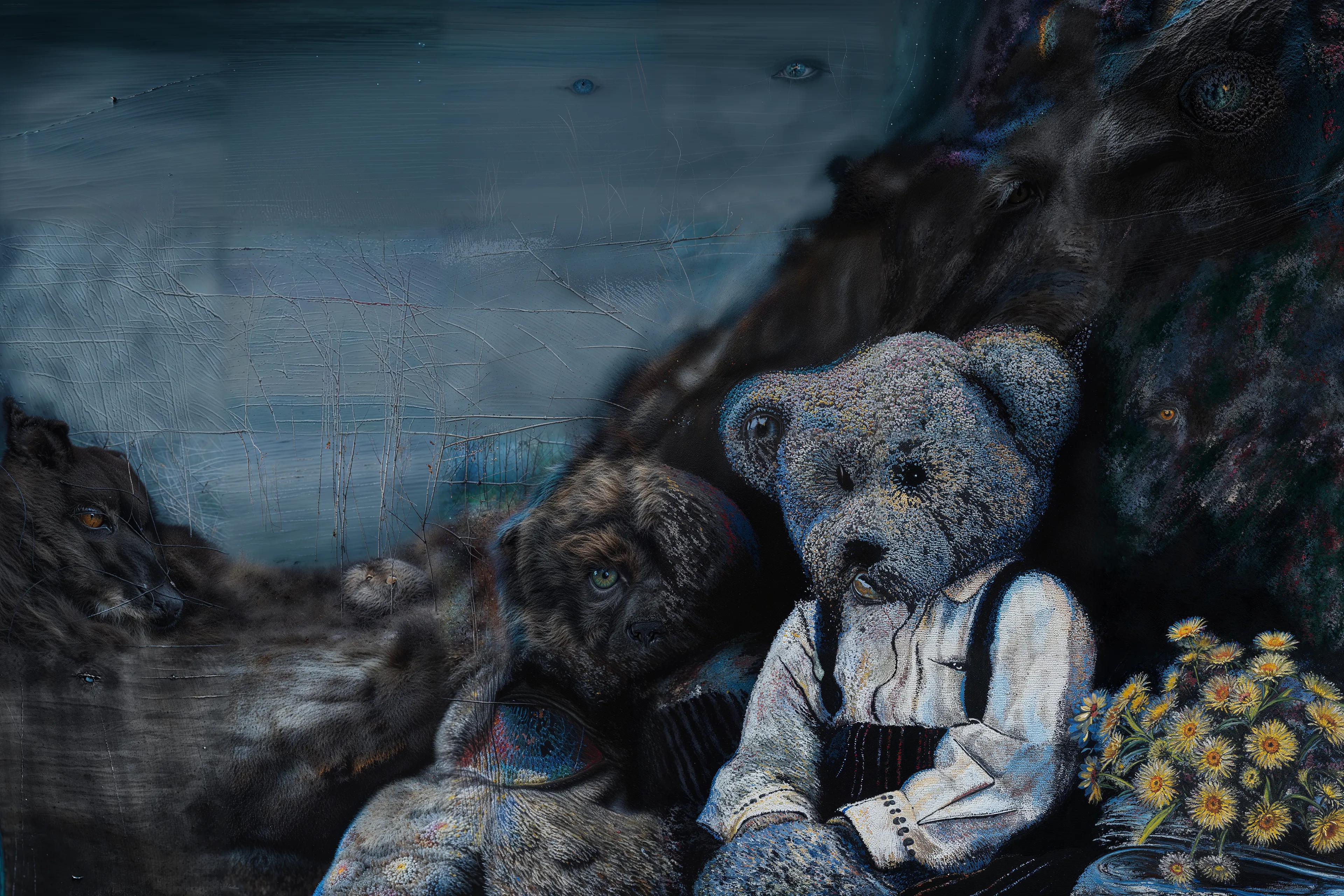 I was not much of a sleeper. 
I knew all about dreaming 
And failing to return. 

In the eye of the [Teddy Bear], 
I was privileged 
With a new level of Awareness. 
- Andres Del Vecchio & MLow

//  PROCESS

1. Andrés began the creative process by crafting oil paintings, setting the foundational visual narrative with his artistic expertise.
  
2. Following his painting, Del Vecchio then composed poetry that paralleled the themes and emotions presented in his visual art, adding a literary layer to the experience.

3. MLow took on the role of a curator, meticulously organizing Del Vecchio's extensive archive of paintings and poems, ensuring each piece was ready for the next transformational step.

4. With the curated collection at hand, MLow created new pieces in MidJourney6 using Del Vecchio's paintings and poems as the inspirational seeds for generating new creations that expand upon the original works.

5. Together, MLow and Del Vecchio revisited the AI-generated art, combining their creative visions and expertise to carefully select and refine the pieces that best represented their joint aesthetic and conceptual goals.

6. Finally, MLow upscaled the chosen creations, enhancing their resolution and detail