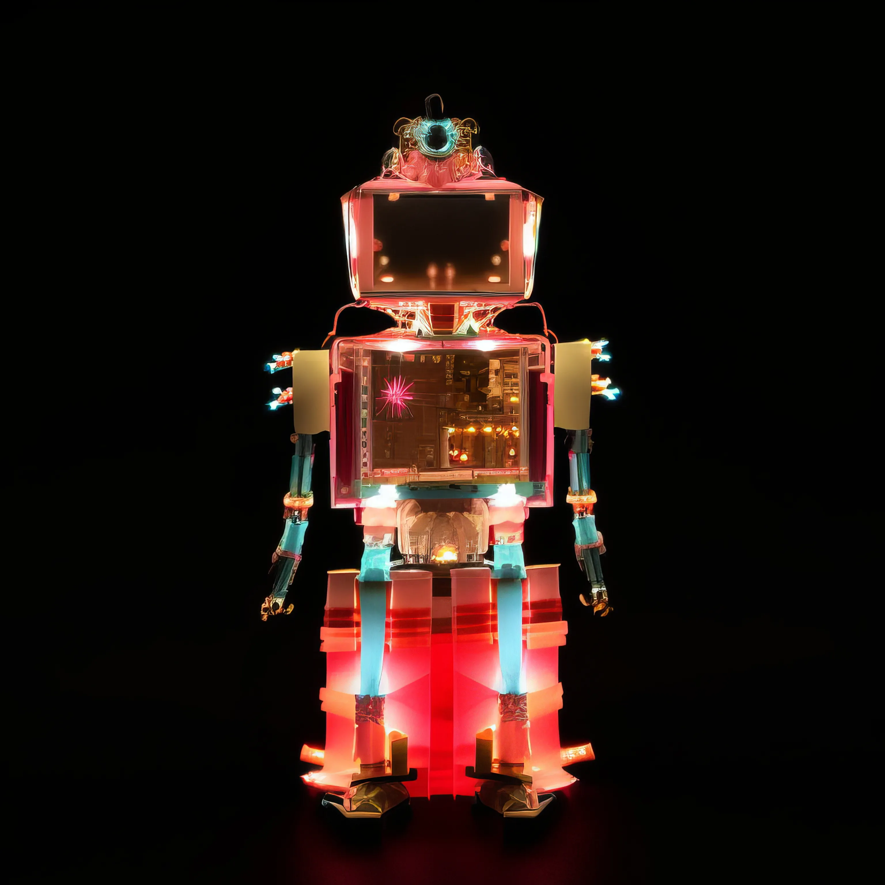 In the quiet theatre of the night, a sentinel stands, a figure wrought of light and glass, its innards a constellation of circuits and glowing ruby cores. It is crowned with a halo of turquoise, arms adorned with baubles of starlight, a silent sovereign presiding over a court of shadows, its feet rooted in the molten glow of a fading sun.