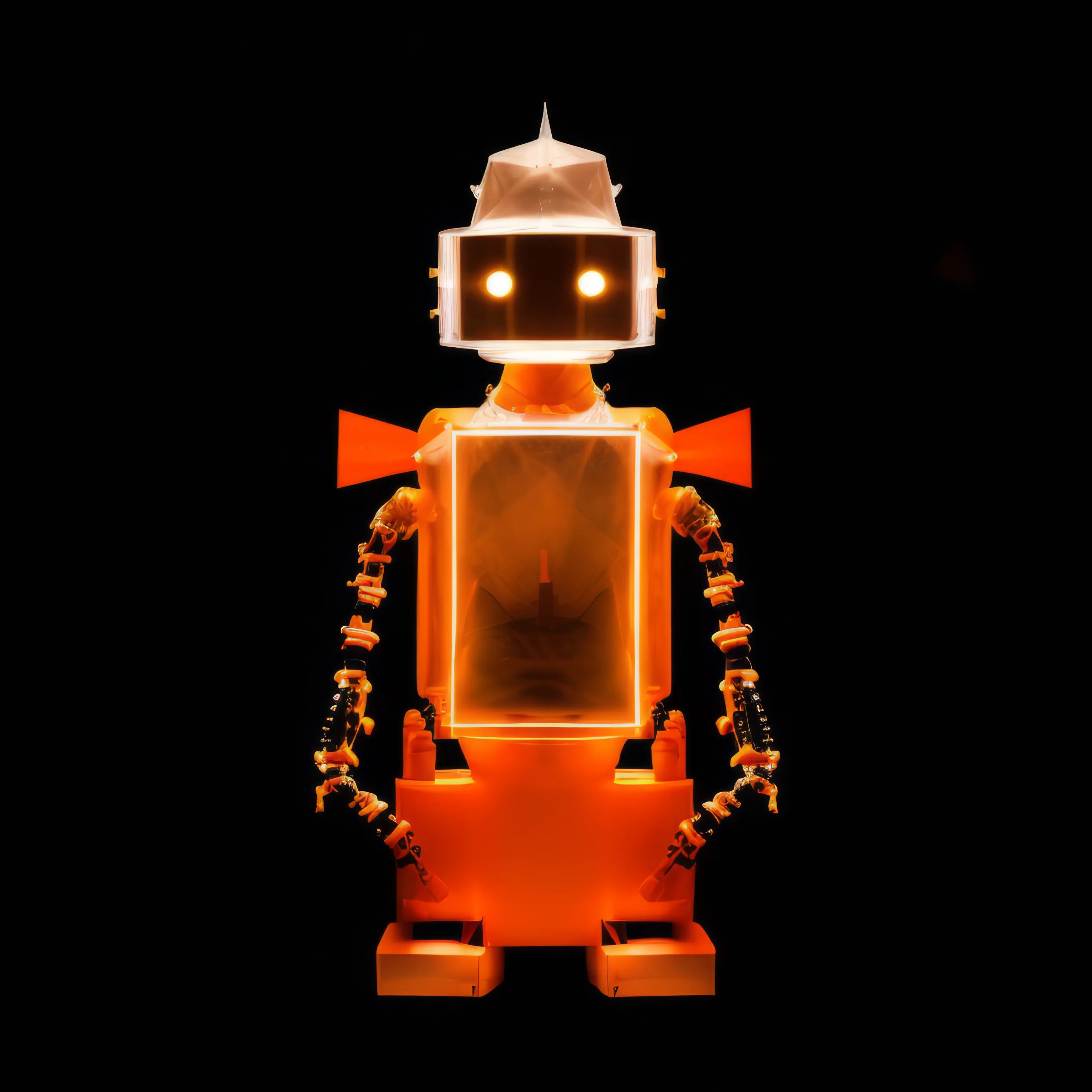 Bathed in the warm glow of an unseen luminescence, a figure stands, its mechanical form echoing the bygone age of knights, its eyes aglow with the fire of untold stories, a window to a soul, if one existed, within its chest, a somber scene of solitude enshrined.