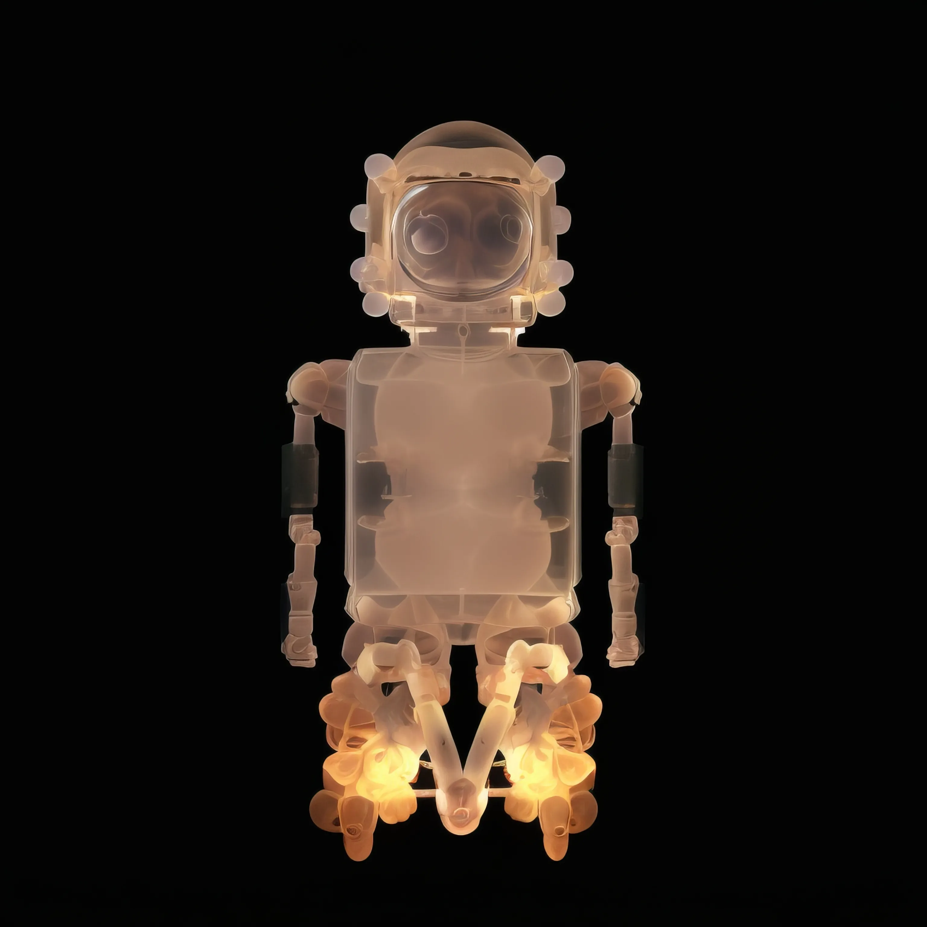 In a room where the ghosts of technology past seem to flicker and dance, there stands a translucent automaton, its gaze empty yet endless, a silent observer to the ceaseless march of time, introspective and enigmatic. It is both there and not, a phantasm of light and shadow, poised on the brink of some unfathomable revelation.