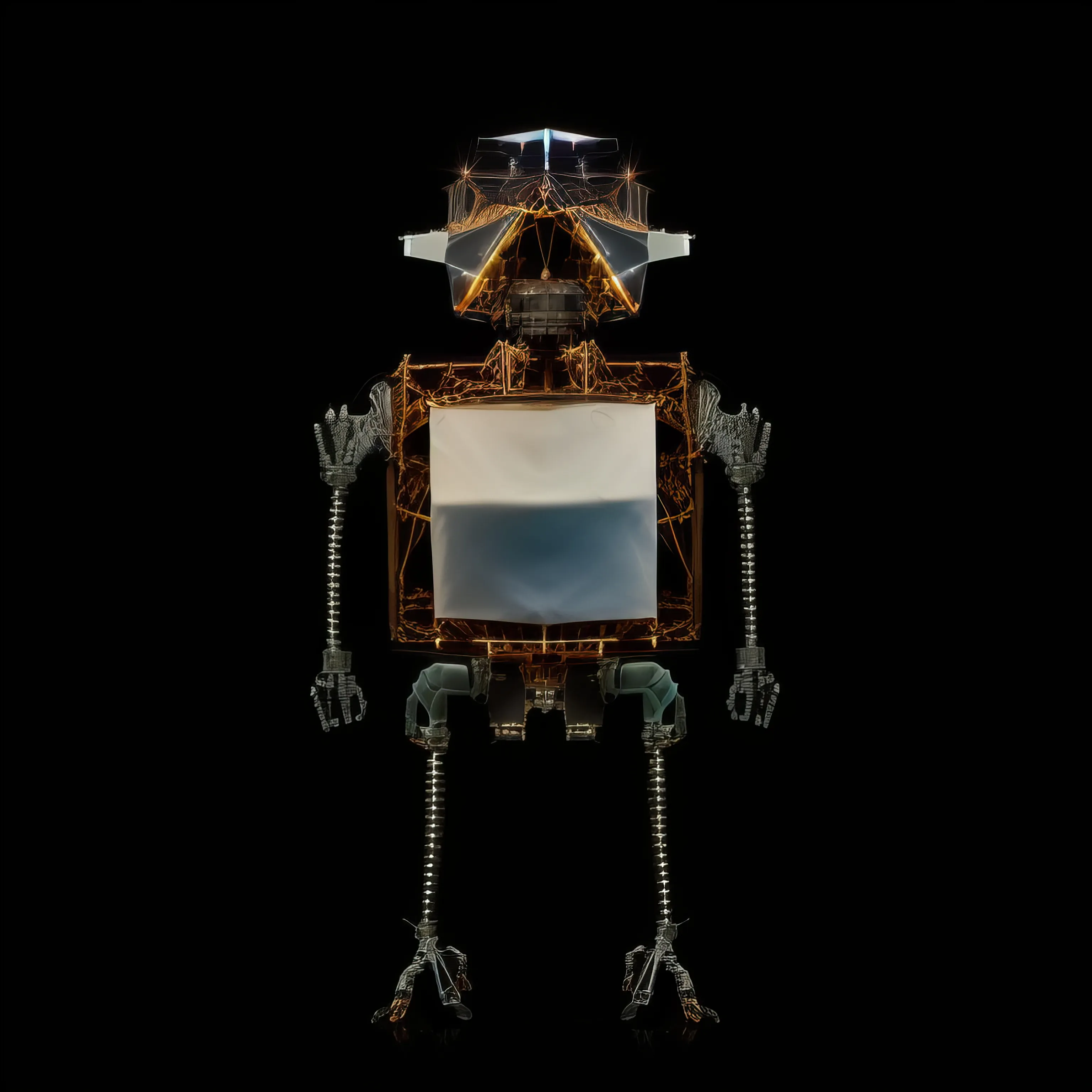 The solitary robot stands stock still in the gloom, its metallic form a stark contrast to the inky blackness that surrounds it. Its features are indiscernible, obscured by the shadows, yet it emanates a curious stillness, as if lost in some internal contemplation. An air of mystery hangs heavy in the air, leaving the viewer to ponder the robot's purpose and its place in this desolate world.