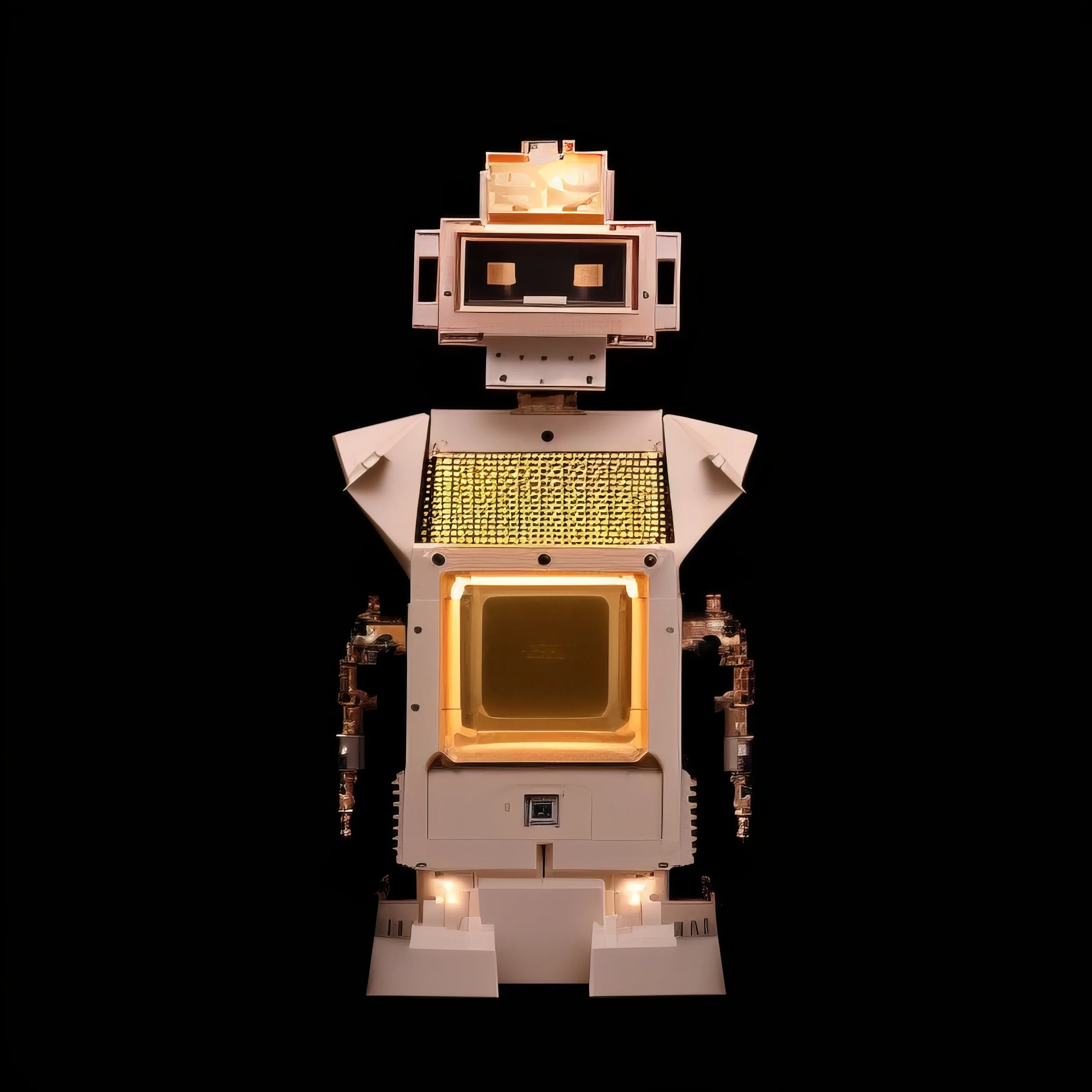 Amidst the profound silence of an all-encompassing night, a mechanical titan stands, its chest a golden canvas of intricate wiring, reminiscent of a regal tapestry woven with threads of light. It gazes out with a digital countenance, a visor of deep ebony set above a heart of radiant circuits, exuding an air of quiet command, a monarch in a kingdom of shadows.