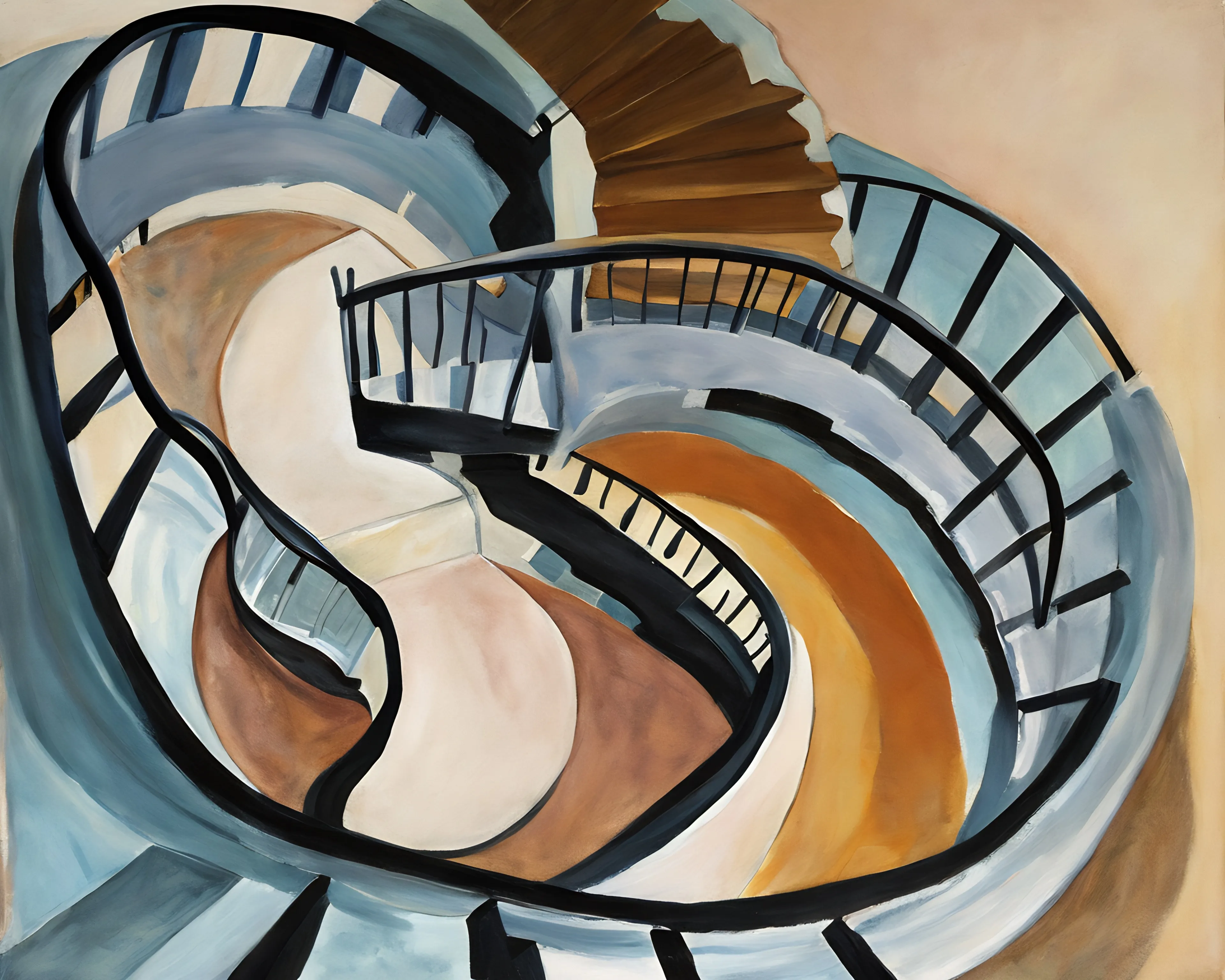 2025 June #008. The staircase exists as a paradox of movement—simultaneously leading downward and inward, yet suggesting an upward trajectory through its recursive form. While designing this piece, I became fascinated by how architectural transitions embody our psychological passages between states of being.

These spiraling steps refuse the binary of ascent and descent. They curve through warm earth tones and cool blues, creating a visual tension between grounding and ethereal elements. The railings provide structure yet frame emptiness, suggesting how our boundaries both protect and limit us.

The distorted perspective deliberately challenges spatial certainty. From which vantage point should one view this threshold? Perhaps there is no correct answer—only the acknowledgment that liminality requires surrendering to disorientation.

What appears solid from one angle reveals itself as fluid from another. This metamorphic quality reflects how transitional spaces transform not just our location but our perception. The staircase becomes less a means of travel between defined points and more a dwelling place itself—a spatial embodiment of becoming rather than arriving.

My intention was not to create a path with clear direction but rather to manifest the fertile territory where boundaries dissolve and possibilities multiply with each turn of the spiral.