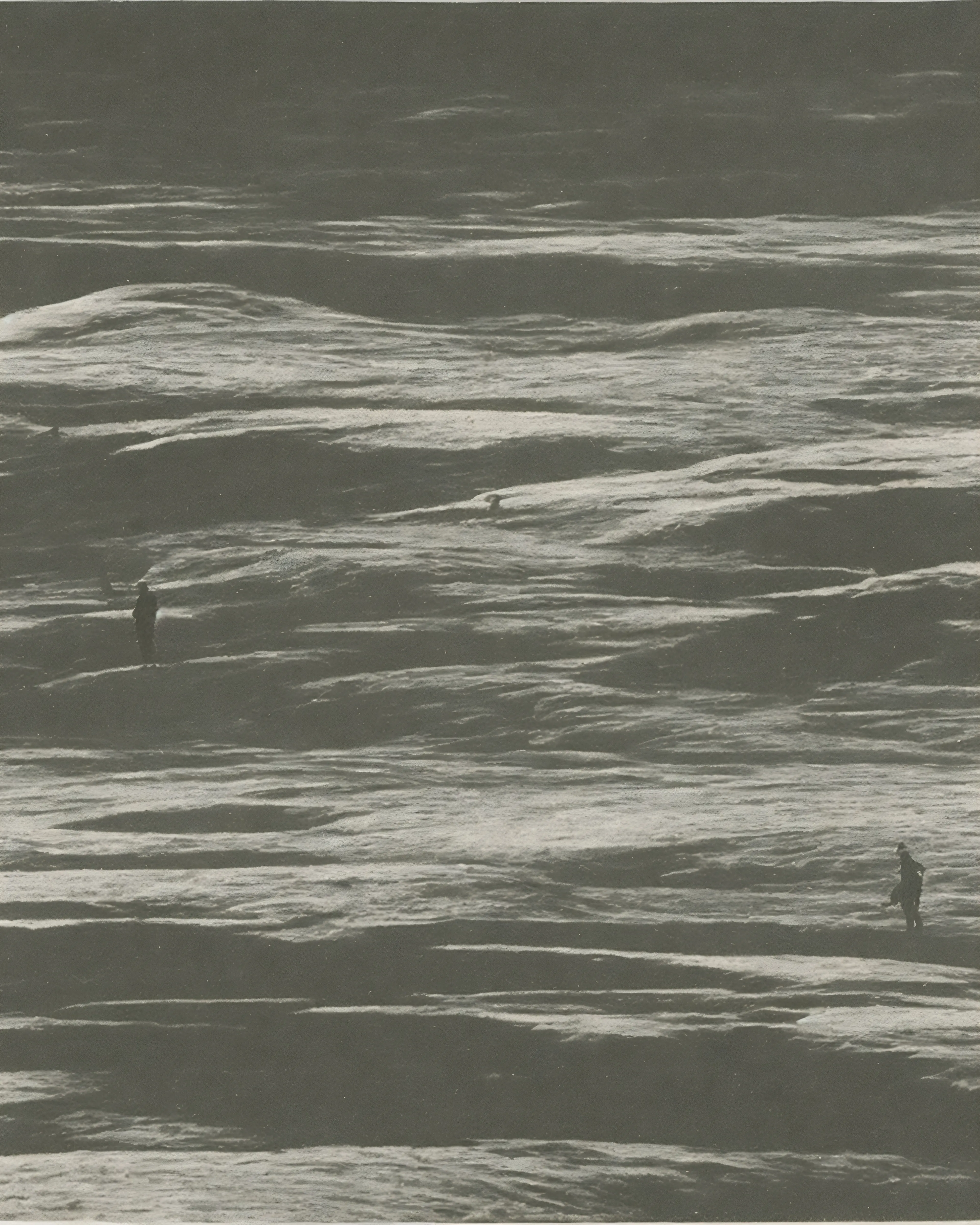 2025 June #009. The shoreline reveals itself as a realm of perpetual negotiation. These silver waters hold memories older than language, flowing between states of being that we rarely acknowledge in our structured lives.

Small figures traverse the metallic expanse, dwarfed by forces beyond comprehension yet somehow belonging to this threshold landscape. They remind me of thoughts moving across consciousness—each one distinct yet part of a larger pattern.

My fascination with liminal spaces began during childhood twilights when the familiar world transformed into something simultaneously strange and revealing. The monochromatic palette emerged naturally during creation, stripping away distraction to expose the essential rhythms beneath.

Time behaves differently here. Each horizontal striation represents a boundary crossed, a moment suspended between what was and what might become. The silver quality suggests something precious revealed only through patience—like understanding that arrives after long contemplation.

We return to these threshold places because they mirror our own condition. Never fully arrived, always becoming, finding meaning in the journey across ever-shifting terrain. The tides will continue their ancient whispers long after these figures—and we ourselves—have departed, carrying secrets between worlds with each silvery pulse.