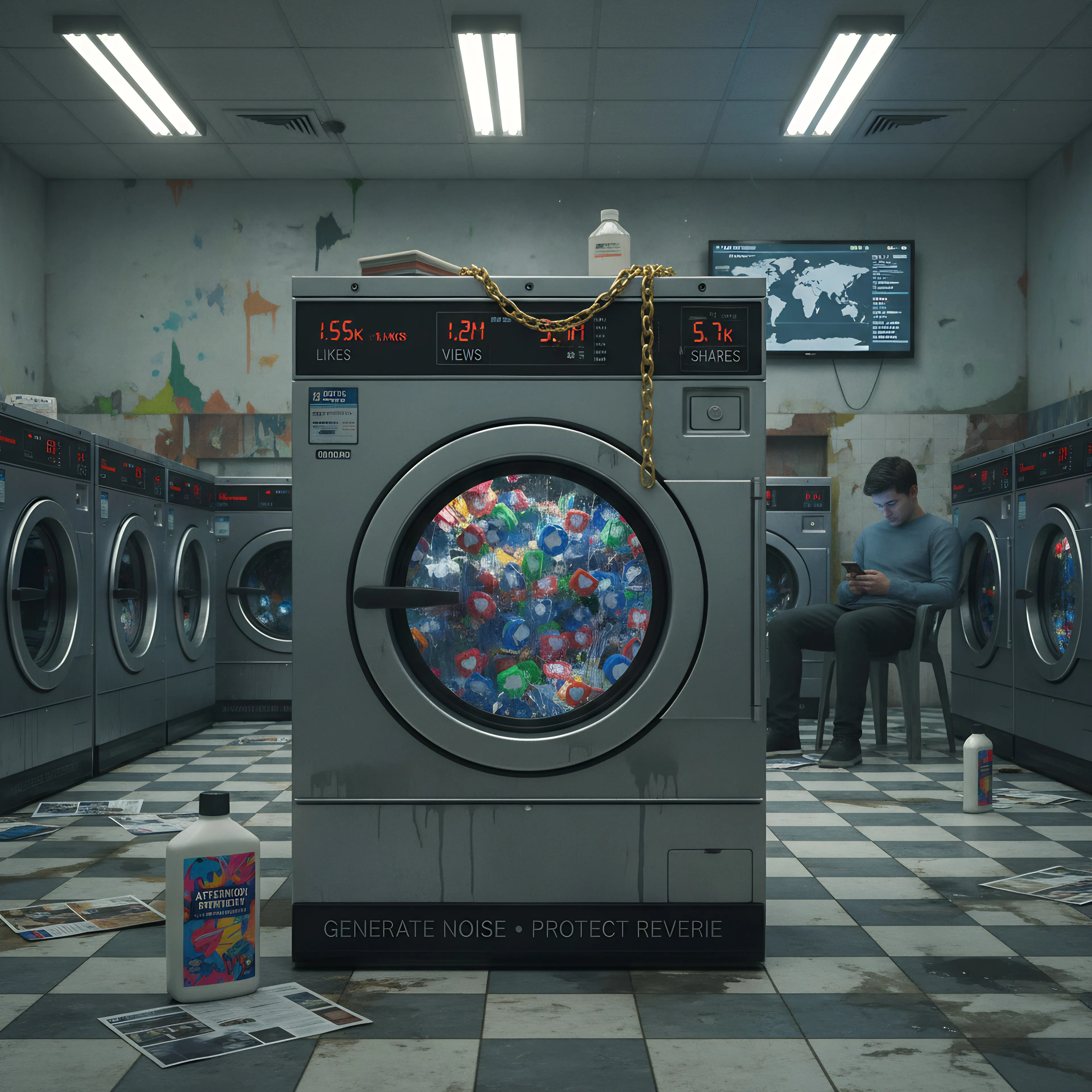 2025 December #009. In economies where every glance extracts value, what rituals might we develop to protect the unprofitable act of lingering? This investigation began by asking what material culture would emerge from resistance movements against attention capture. Rather than depicting noble refusal or digital detox aesthetics, I pursued something more ambiguous: the literal mechanics of laundering engagement, rendering metrics meaningless through industrial-scale processing.

The washing machine becomes a perfect metaphor not for cleansing ourselves of social media, but for the cyclical futility of engagement itself. Those colorful tokens tumbling endlessly mirror the dopamine loops we inhabit, while the gold chain draped across machinery suggests how we've decorated our own capture with symbols of achievement. The dingy institutional setting matters because genuine resistance rarely looks heroic. It happens in fluorescent-lit spaces where someone waits, bored and distracted, for their cycle to complete.

What resonates here is the refusal of both techno-utopianism and simplistic critique. This isn't celebrating disconnection or condemning connection. It's acknowledging that we've built elaborate systems to generate noise around what might otherwise be genuine experience, and those systems have their own absurd material reality. The detergent bottle, the metric counters, the scattered debris of digital life become archaeological evidence of our present moment.

The work succeeds through its commitment to the mundane rather than the spectacular. Beauty competes for attention by refusing to be beautiful in expected ways, instead offering the strange satisfaction of seeing our collective predicament rendered as banal infrastructure. Sometimes the most honest way to examine how we've commodified consciousness is to show the machinery in its least flattering light.