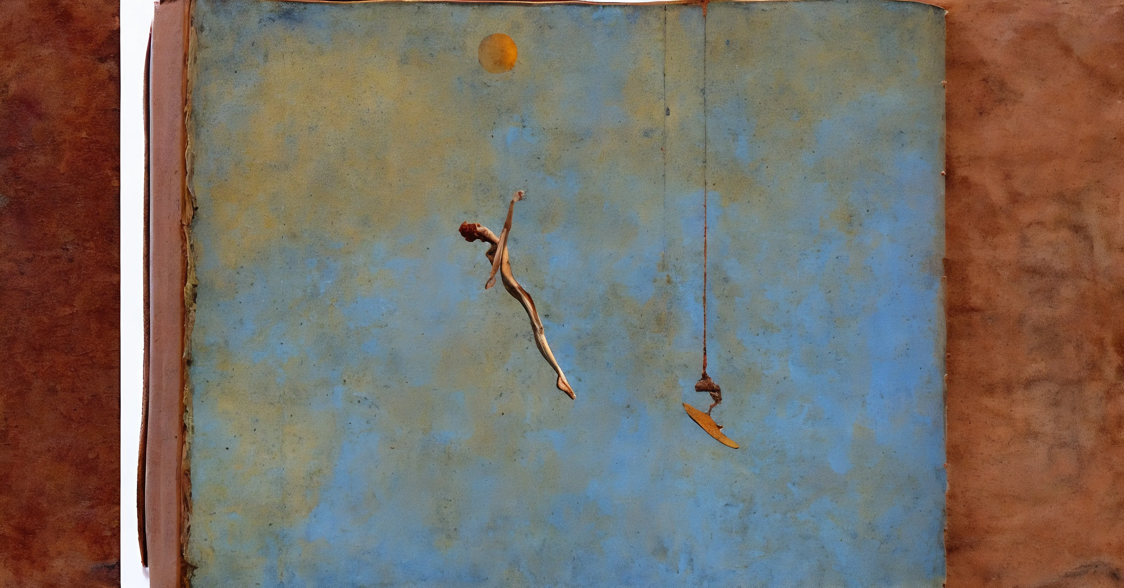 2025 April #004. The threshold between elements fascinates me—this moment of perfect suspension where the figure neither rises nor falls. Blue surrounds everything like possibility itself, a medium that holds rather than drowns. I wanted to capture that precise instant where decision has already happened but consequence hasn't yet arrived. The golden orb hovers, watching without judgment, a celestial anchor in a realm where certainty dissolves. 

What draws us to leap into such spaces? Perhaps we recognize that transformation requires this moment of being neither here nor there. The curved form below—ambiguous by design—represents whatever waits beyond transition. Not necessarily safety, not necessarily danger, but inevitable reception.

The textured, earthy borders contain this ethereal moment like reality frames our dreams. I find myself returning to these liminal spaces in my work because they hold truth that defined states cannot. We exist most authentically when suspended between categories, when potential remains unresolved. The dive continues eternally, never quite reaching its destination because the state of becoming itself holds the meaning we seek.