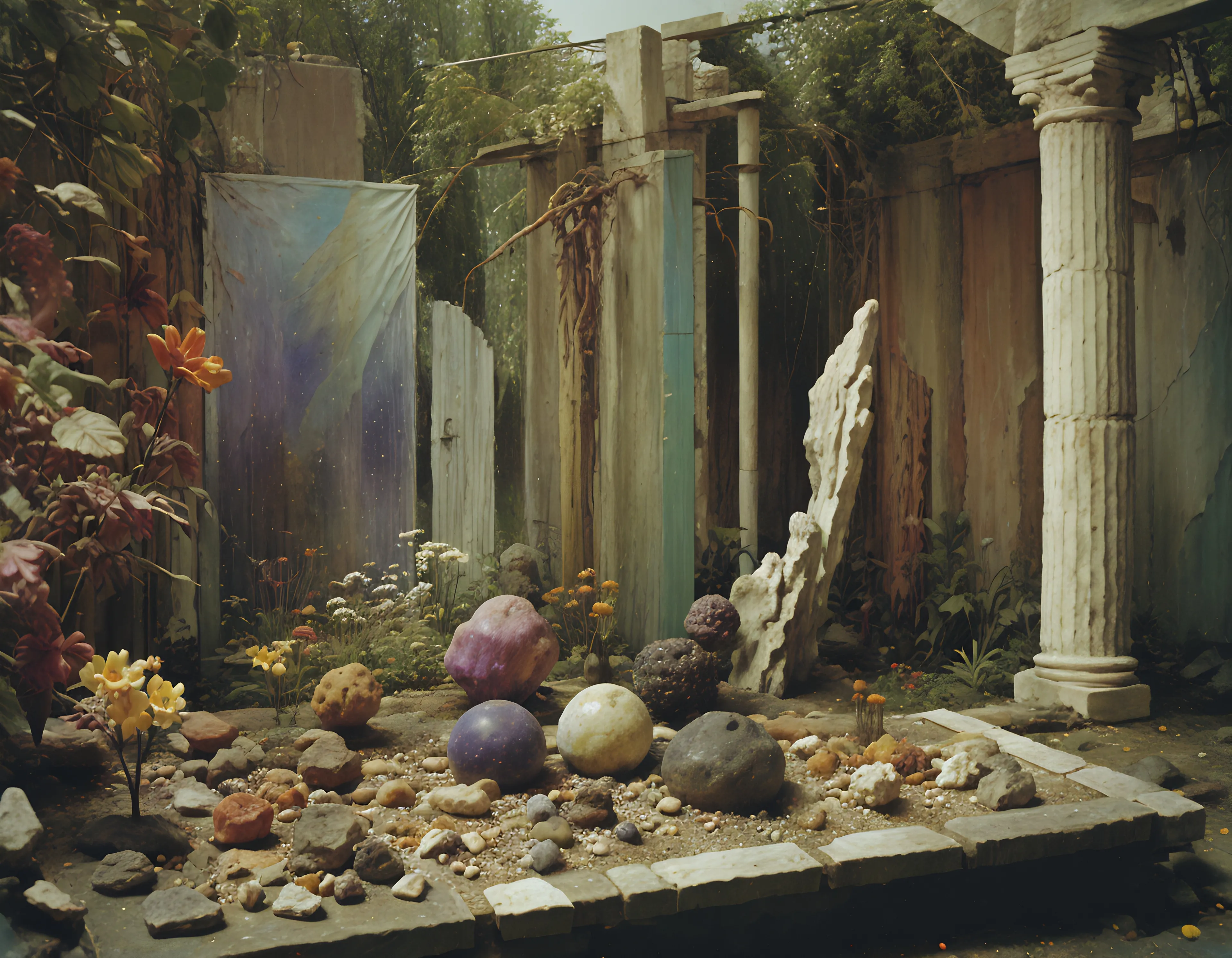 2025 January #003.

Stellar debris settles  
on marble steps that once  
led to temples of reason  
now housing cosmic dreams

Between classical pillars  
strange spheres gather dust  
like forgotten planets 
awaiting rediscovery

Light bends through gauze  
casting spectral shadows  
while wildflowers claim 
territory among ruins

We build shrines to contain  
what cannot be held  
collecting remnants of stars  
in earthbound vessels

Each sphere holds echoes  
of distant atmospheres  
compressed into matter  
dense with possibility

Time moves differently here  
where garden meets cosmos  
where decay transforms  
into new configurations

The architecture of space  
crumbles into soil  
feeding roots that reach  
toward unknown orbits

Gravity anchors these relics  
while flowers stretch skyward  
completing cycles begun  
in nebulous nurseries

Matter remembers its origins  
in this sanctuary of spheres  
where classical order yields  
to cosmic wilderness

Let monuments fall  
let gardens grow wild  
let stellar seeds scatter  
across broken columns