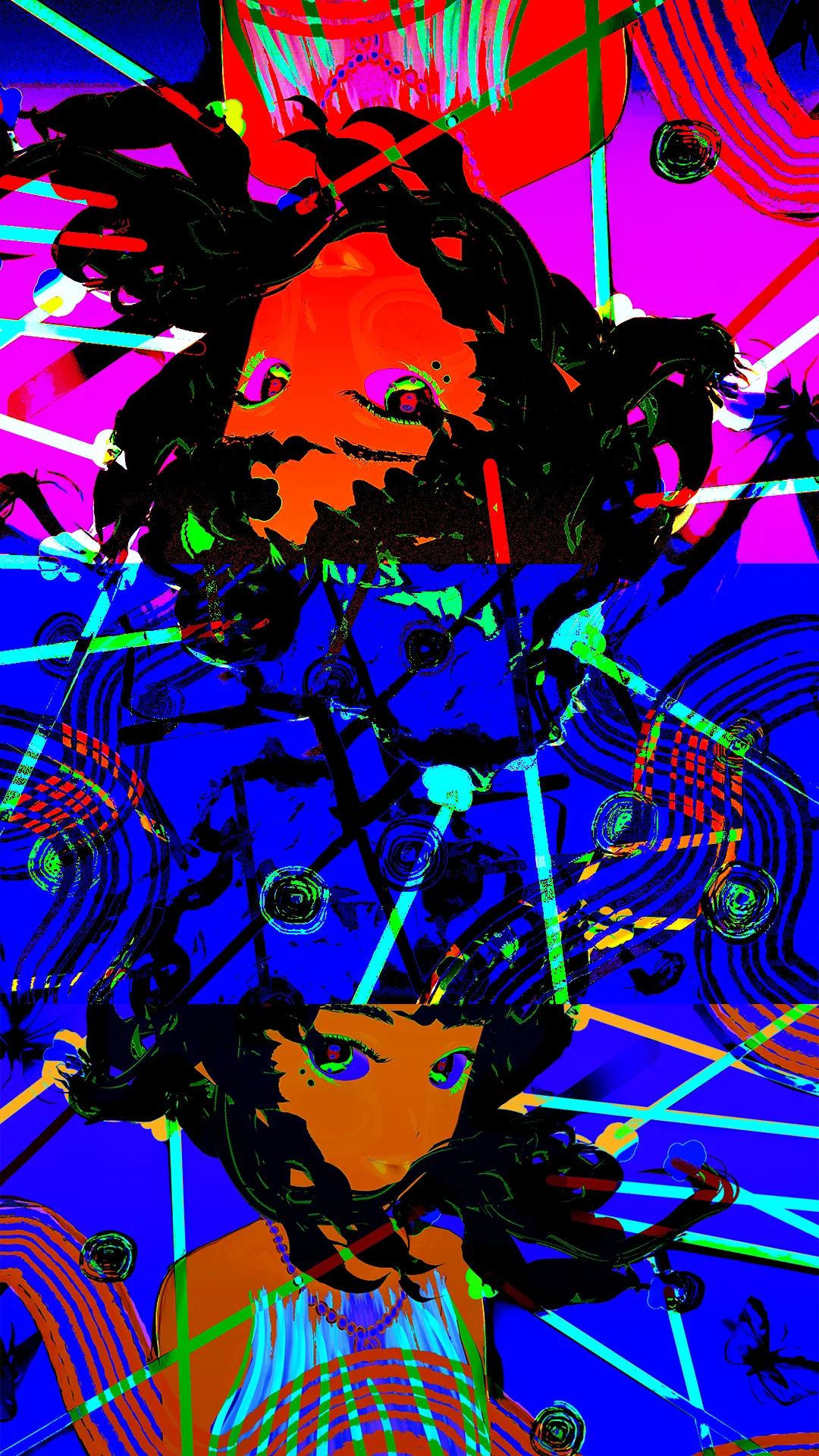 This piece captures the moment when I realized I am both the creator and destroyer of my own reality. The geometric patterns overlay the figure's form like digital scars, evidence of battles fought within the landscape of consciousness itself.  The internal is scattered across multiple planes of existence, where the same person can simultaneously be the source of their trauma and their healing.  

The geometric patterns overlay the figure's form like digital scars, evidence of battles fought within the landscape of consciousness itself. The circular nodes throughout the piece represent choice points - moments where we decide whether to be our own enemy or ally. This is about the brutal honesty of recognizing that the villain in your story and the hero of your journey are the same person, experiencing the same moment from different angles.