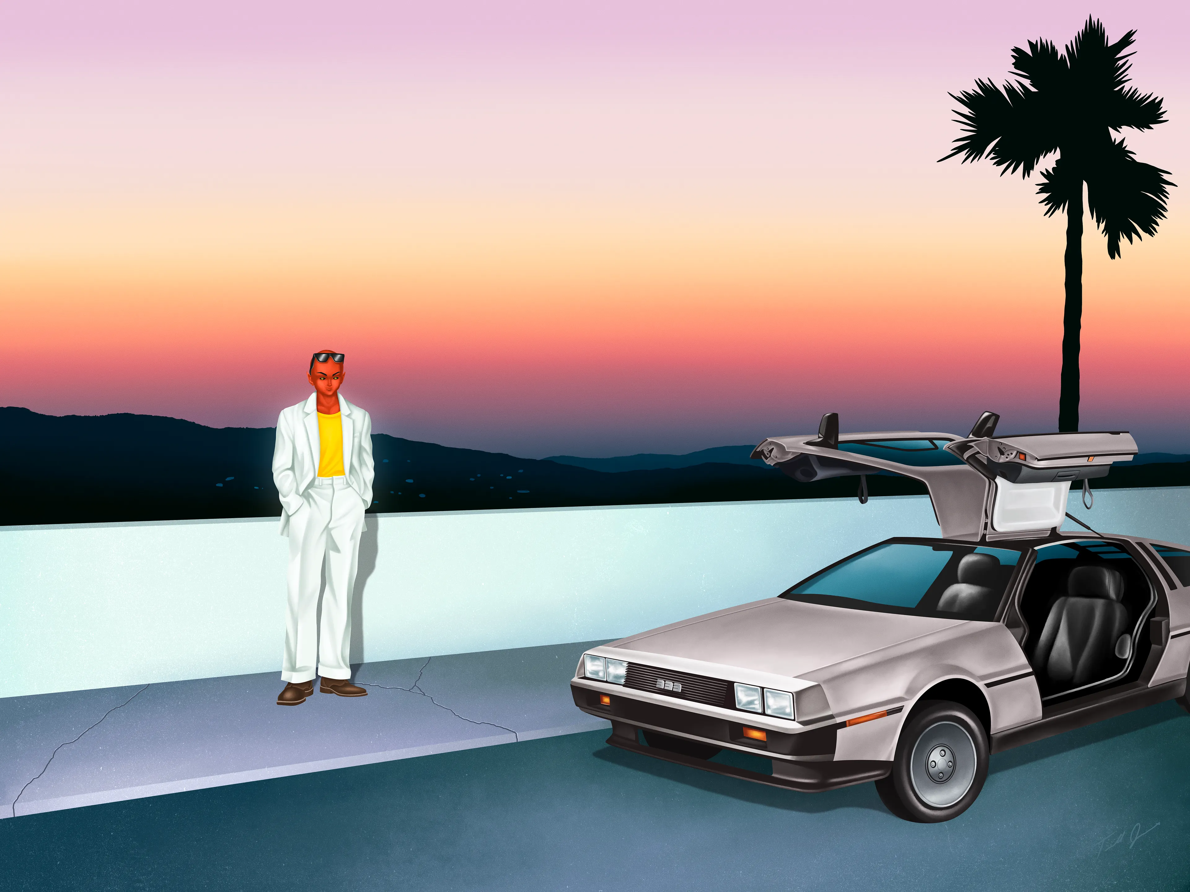 A solitaire is a precious stone set by itself in jewelry. Solitaire features Damon Deville alone next to a timeless car. This piece is meant to exude retro West Coast elegance. 