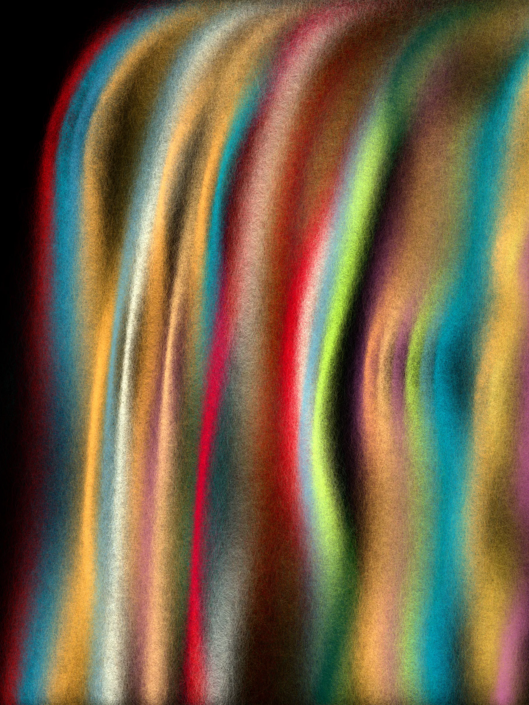 If winds were fibers, what would they weave?

I live on a hillside near the coast. Seasonal winds sculpt the trees into tortured but elegant shapes. Some are stripped bare but still reach for the sky. Others bend their trunks to protect their foliage like a shield.

This project began with an idea to simulate smoke and the winding paths it follows. The smoke coalesced into strands of fiber and colorful yarn. Then it swirled into strange and organic forms.

Some look like those wind-sculpted trees. Others are blankets unraveling, or storybook creatures felted from wool.

If you look close, they are all fuzzy and soft and begging to be touched.

As this project developed I researched fiber arts, an artistic tradition with a rich history. I spoke with artists and friends who knit, weave, felt wool, and raise Alpacas and sheep. Windwoven pieces don't try to simulate actual weaving, but the project is grounded in the fiber arts world. Many palettes are drawn from yarn and wool roving colors and from shades of Alpaca fur. The color blending mimics the dynamic colors that can be achieved when carding dyed wool.

Of course, most of the outputs could only be made with code, pushing fiber-like artwork into new realms.