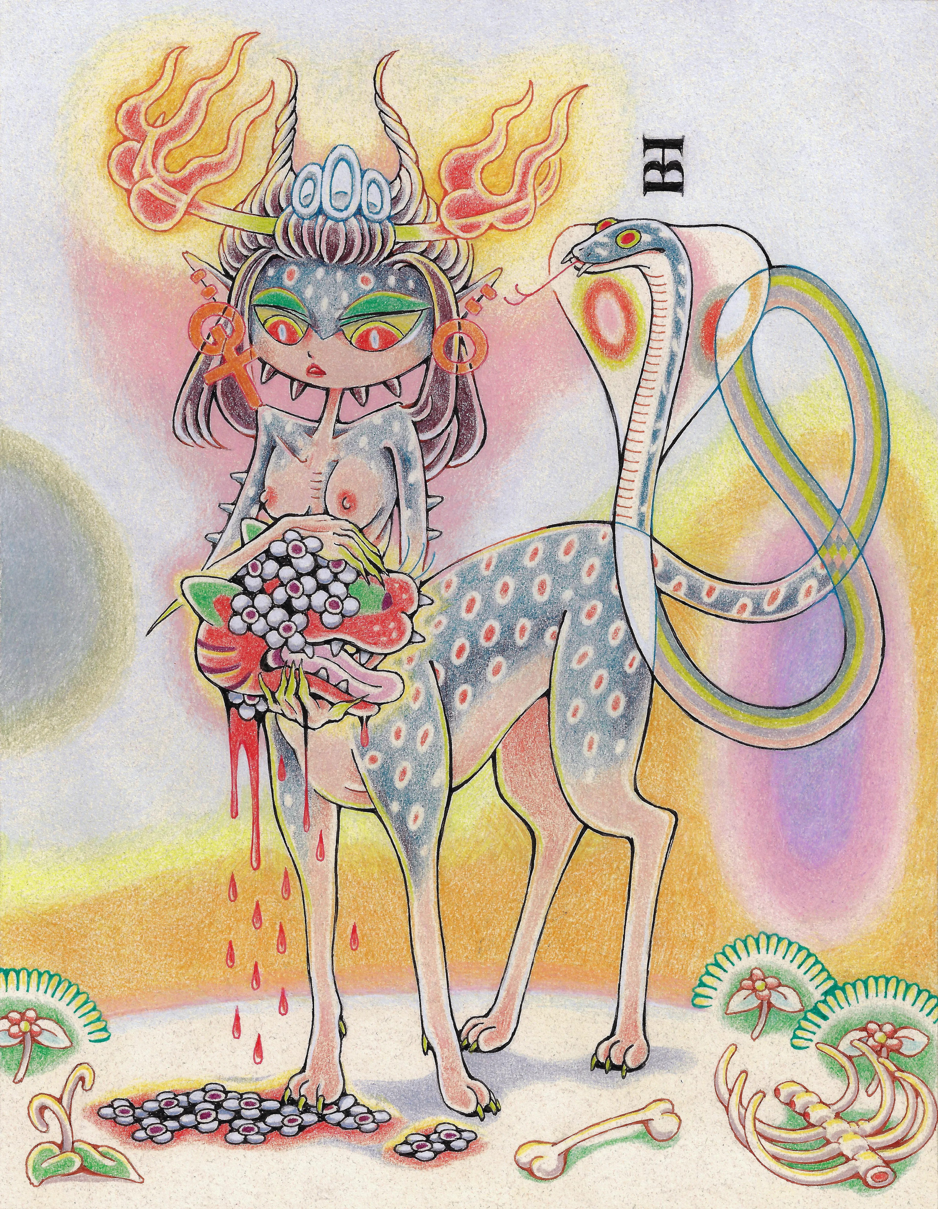 BEHEADED explores the lore of the Tigerbob and Gossamer Rozen universe in two forms. The beheaded tiger debuted on the cover of Gossamer’s self-published zine, Grimoire (2019).

BEHEADED (SELF-PORTRAIT) is an expression of the artist’s reflection on the 14-month period starting the Tigerbob brand and beyond. The mystical female character is one of many who appear adjacent with Tigerbob in the Tigerbob Bestiary collection. Colored pencil and ink are Gossamer’s primary traditional illustrative medium.

BEHEADED (ITERATION 2) begins to address the mysterious and explicit central narrative about Tigerbob’s separated head and body. Part of the "Iteration" series, this piece was made in Google Sheets and uses conditional formatting across multiple animated panels. Colors were sampled from BEHEADED (SELF PORTRAIT).

Both pieces are inspired by arcane topics including grimoires (books of magic), tarot cards, sigils, automatic writing, and bestiaries (collections of beasts and the natural world) that exist in current and prior work. For Gossamer, art is a type of healing magic that comes directly from the mind and manifests into the world, taking many forms.

The narrative of Tigerbob exists in the Tigerbob Genesis collection, the Tigerbob Concepts & Myths collection, and the Tigerbob Bestiary collection of NFTs. Further explorations occur in physical works such as tapestries, tattoos, sculpture, wearable art and more.