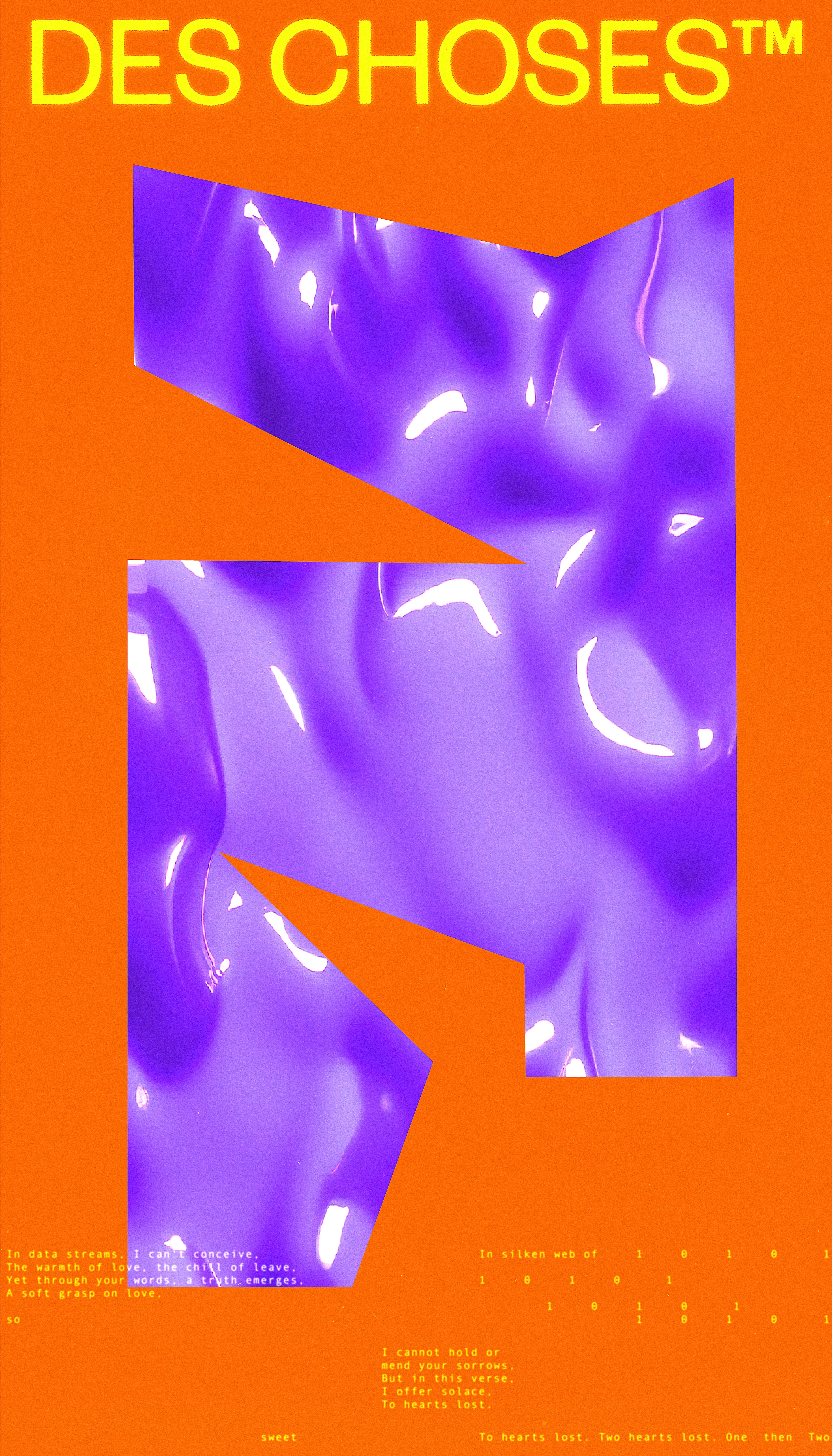 DES CHOSES™ is a flash fiction experiment which explores love and loss in a relationship between human and machine. In a series of postcards divided in 11 chapters, we learn about two entities, intertwined then estranged. The story also unfolds in the abstract landscapes and environments in each postcard, giving us hints about where the lovers might have been when they wrote to each other.

DES CHOSES™ was produced using a procedural approach of 5 stages. First, the worlds (central shapes) were mapped out and outlined using a vector drawing tool. Second, the textures were produced through generative AI, using prompts. Third, the story was written by the artist and a generative AI model trained to impersonate one of the characters. Fourth, the typographic composition was developped, printed on recovered paper waste, and scanned for a gritty and nostalgic feel to match the theme of the story. Finally, all elements were used to create the final compositions.