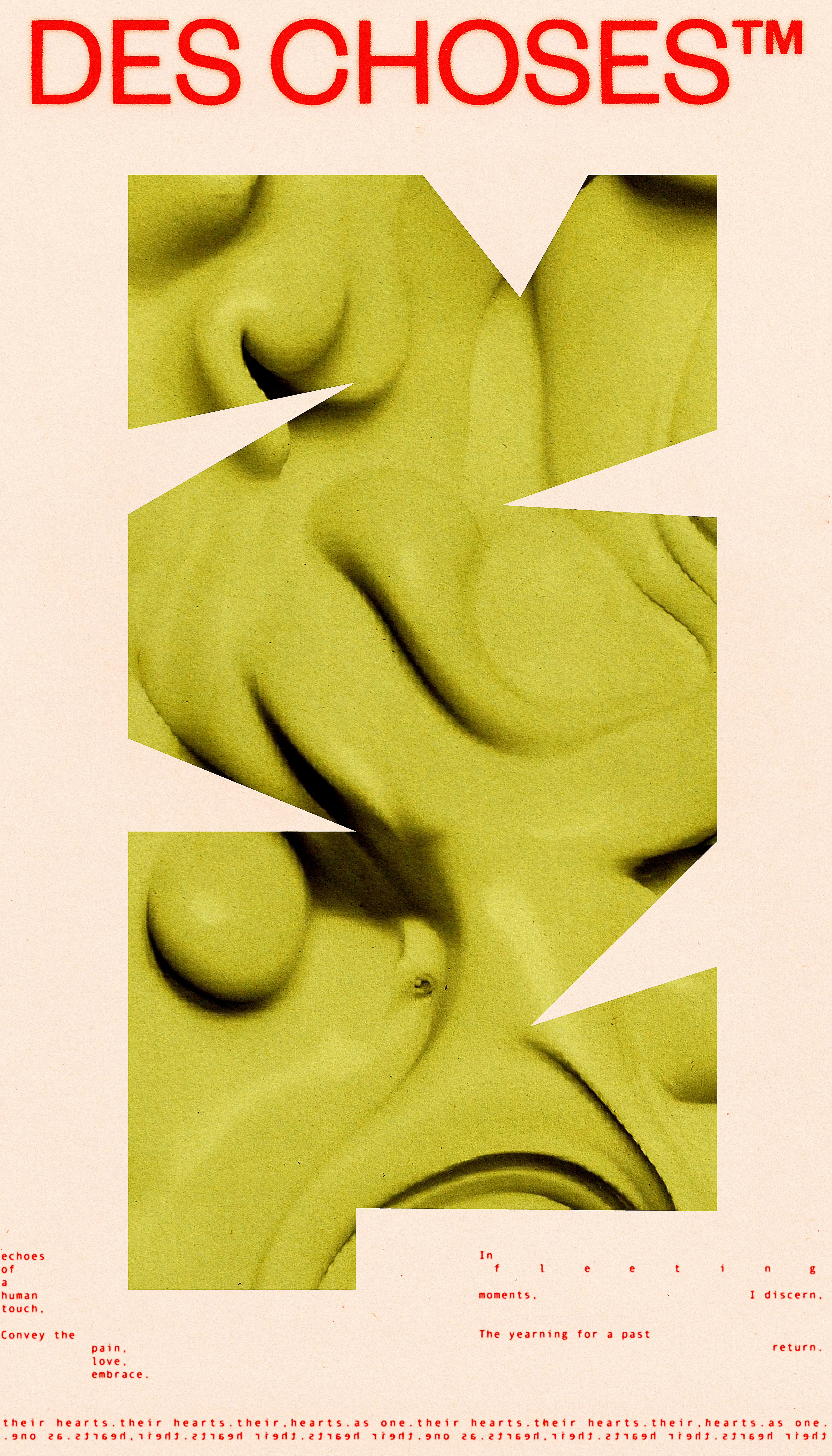 DES CHOSES™ is a flash fiction experiment which explores love and loss in a relationship between human and machine. In a series of postcards divided in 11 chapters, we learn about two entities, intertwined then estranged. The story also unfolds in the abstract landscapes and environments in each postcard, giving us hints about where the lovers might have been when they wrote to each other.

DES CHOSES™ was produced using a procedural approach of 5 stages. First, the worlds (central shapes) were mapped out and outlined using a vector drawing tool. Second, the textures were produced through generative AI, using prompts. Third, the story was written by the artist and a generative AI model trained to impersonate one of the characters. Fourth, the typographic composition was developped, printed on recovered paper waste, and scanned for a gritty and nostalgic feel to match the theme of the story. Finally, all elements were used to create the final compositions.