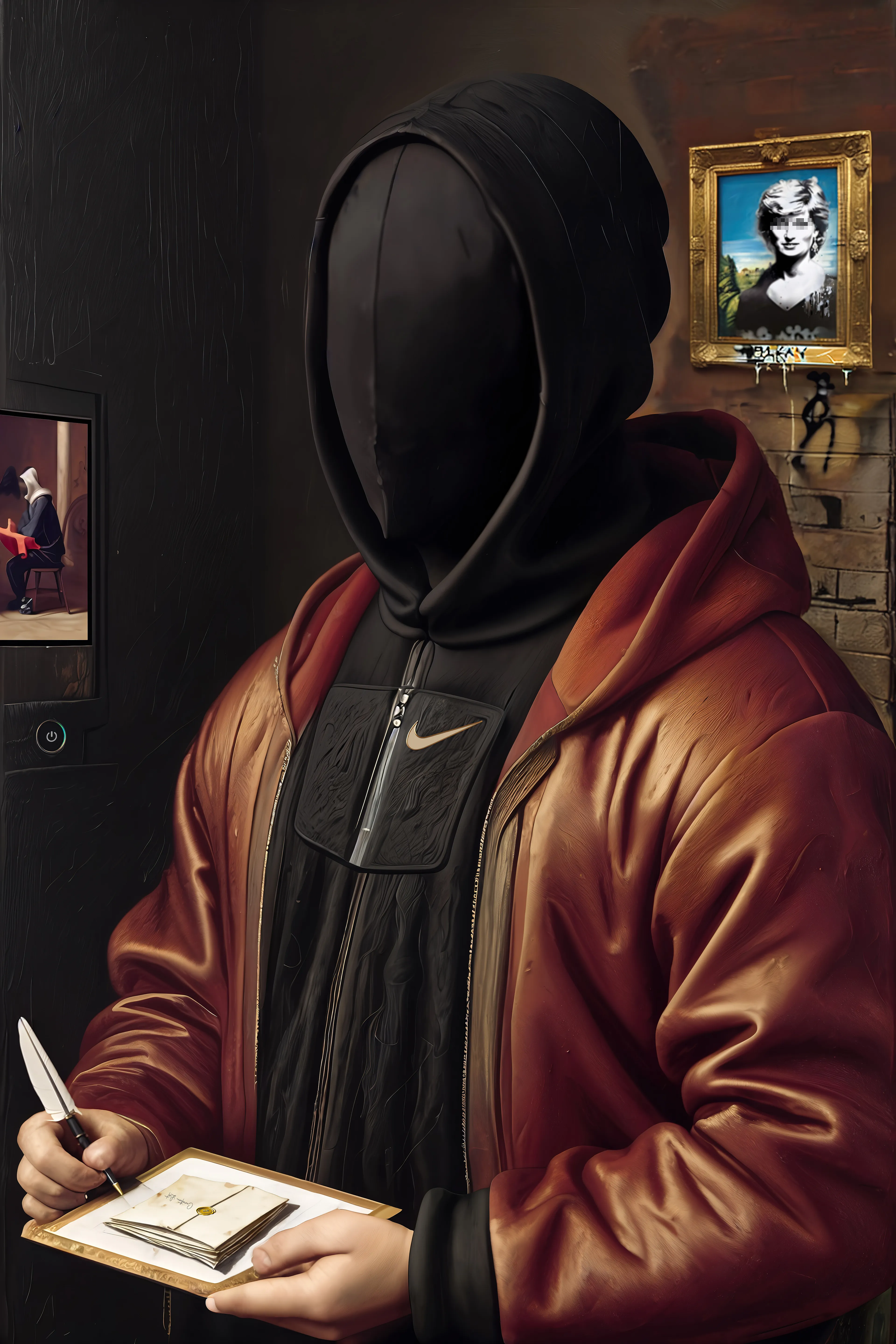 The "Threads of Time: The Modern Allegories" series blends Renaissance art aesthetic with contemporary branding and technology, using AI to induce the Mandela Effect by blurring the lines of time and memory, as if this modern attire donned such Renaissance-era figures.

As familiar icons of Nike, Apple, and the American Flag seamlessly integrate into classical scenes, viewers are left questioning the longevity of these symbols and perhaps altering our perception of history. While no formal affiliation exists between this series and the brands displayed, their use has become a critical component in the artist’s body of work. The juxtaposition of period-specific iconography invites us to recognize the common pursuit of beauty throughout time, while embracing the overt evolutions that are shaping this new era.

Each piece in this collection further explores themes such as compassion, exploration, empowerment, and innovation while celebrating the harmonious fusion between tradition and modernity, even antiquity and contemporary fashion. The subjects in these paintings embody diverse aspects of the modern human experience – from nurturing life on Earth to safeguarding digital assets. Together, each painting represents a quintessential allegory of the topics most critical to today’s culturally connected world.