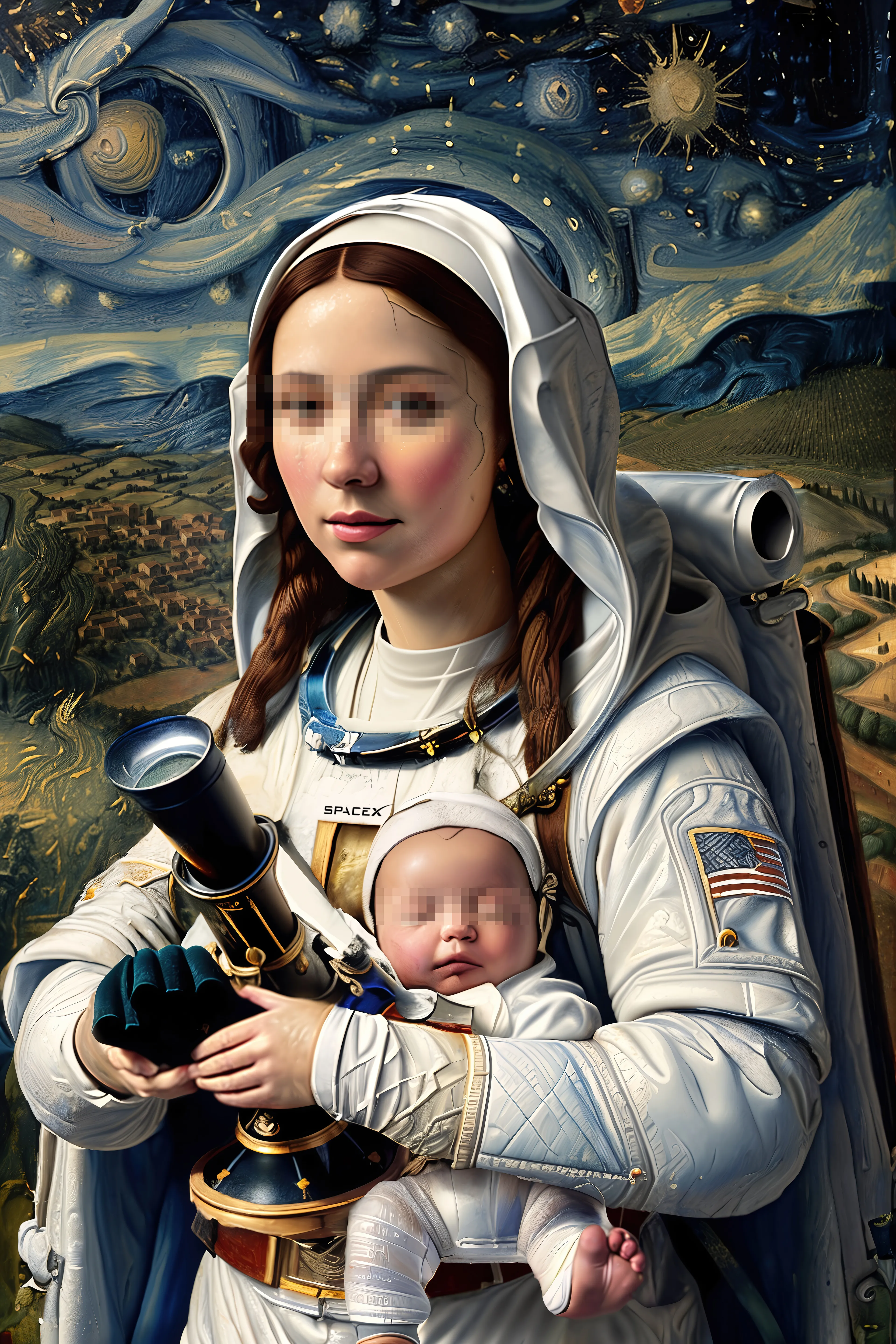 The "Threads of Time: The Modern Allegories" series blends Renaissance art aesthetic with contemporary branding and technology, using AI to induce the Mandela Effect by blurring the lines of time and memory, as if this modern attire donned such Renaissance-era figures.

As familiar icons of Nike, Apple, and the American Flag seamlessly integrate into classical scenes, viewers are left questioning the longevity of these symbols and perhaps altering our perception of history. While no formal affiliation exists between this series and the brands displayed, their use has become a critical component in the artist’s body of work. The juxtaposition of period-specific iconography invites us to recognize the common pursuit of beauty throughout time, while embracing the overt evolutions that are shaping this new era.

Each piece in this collection further explores themes such as compassion, exploration, empowerment, and innovation while celebrating the harmonious fusion between tradition and modernity, even antiquity and contemporary fashion. The subjects in these paintings embody diverse aspects of the modern human experience – from nurturing life on Earth to safeguarding digital assets. Together, each painting represents a quintessential allegory of the topics most critical to today’s culturally connected world.