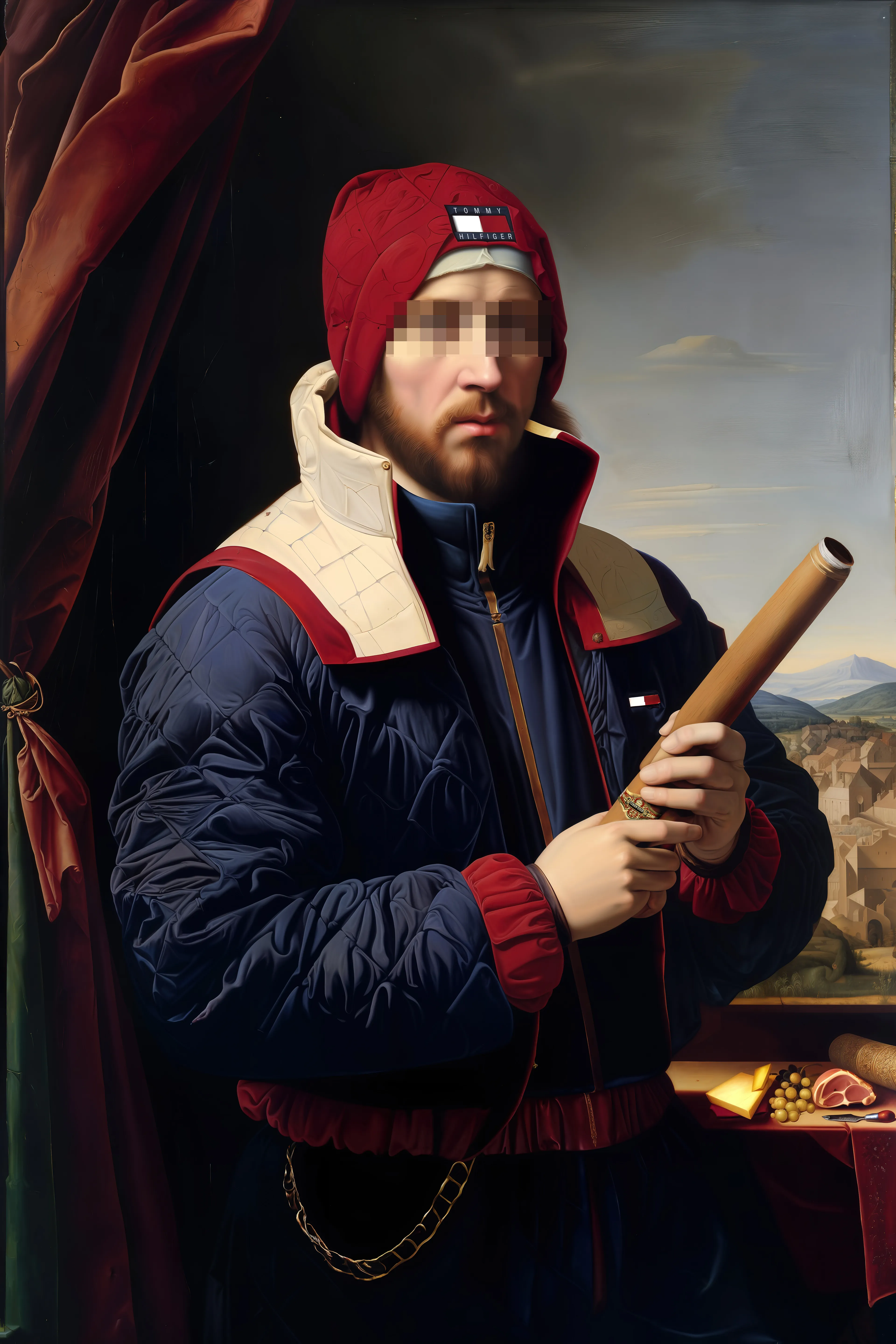 The "Threads of Time: The Modern Allegories" series blends Renaissance art aesthetic with contemporary branding and technology, using AI to induce the Mandela Effect by blurring the lines of time and memory, as if this modern attire donned such Renaissance-era figures.

As familiar icons of Nike, Apple, and the American Flag seamlessly integrate into classical scenes, viewers are left questioning the longevity of these symbols and perhaps altering our perception of history. While no formal affiliation exists between this series and the brands displayed, their use has become a critical component in the artist’s body of work. The juxtaposition of period-specific iconography invites us to recognize the common pursuit of beauty throughout time, while embracing the overt evolutions that are shaping this new era.

Each piece in this collection further explores themes such as compassion, exploration, empowerment, and innovation while celebrating the harmonious fusion between tradition and modernity, even antiquity and contemporary fashion. The subjects in these paintings embody diverse aspects of the modern human experience – from nurturing life on Earth to safeguarding digital assets. Together, each painting represents a quintessential allegory of the topics most critical to today’s culturally connected world.