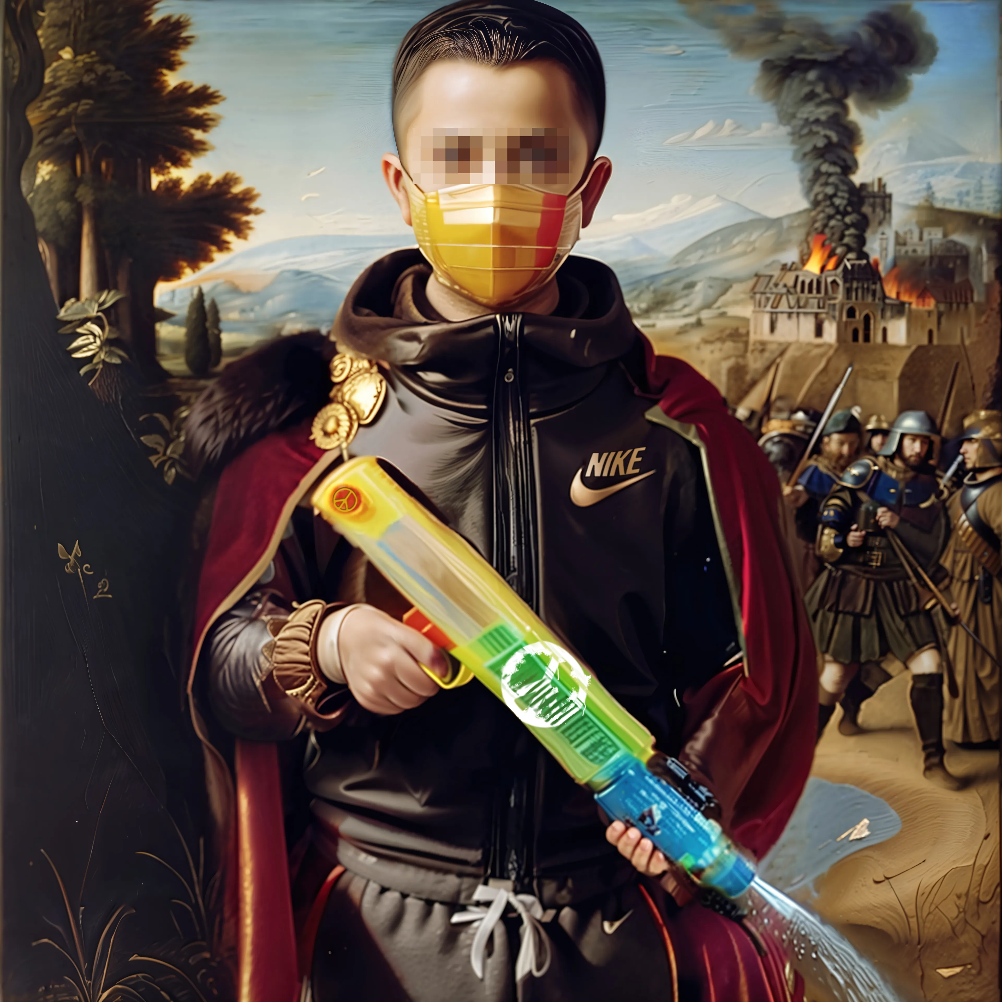 The "Threads of Time: The Modern Allegories" series blends Renaissance art aesthetic with contemporary branding and technology, using AI to induce the Mandela Effect by blurring the lines of time and memory, as if this modern attire donned such Renaissance-era figures.

As familiar icons of Nike, Apple, and the American Flag seamlessly integrate into classical scenes, viewers are left questioning the longevity of these symbols and perhaps altering our perception of history. While no formal affiliation exists between this series and the brands displayed, their use has become a critical component in the artist’s body of work. The juxtaposition of period-specific iconography invites us to recognize the common pursuit of beauty throughout time, while embracing the overt evolutions that are shaping this new era.

Each piece in this collection further explores themes such as compassion, exploration, empowerment, and innovation while celebrating the harmonious fusion between tradition and modernity, even antiquity and contemporary fashion. The subjects in these paintings embody diverse aspects of the modern human experience – from nurturing life on Earth to safeguarding digital assets. Together, each painting represents a quintessential allegory of the topics most critical to today’s culturally connected world.