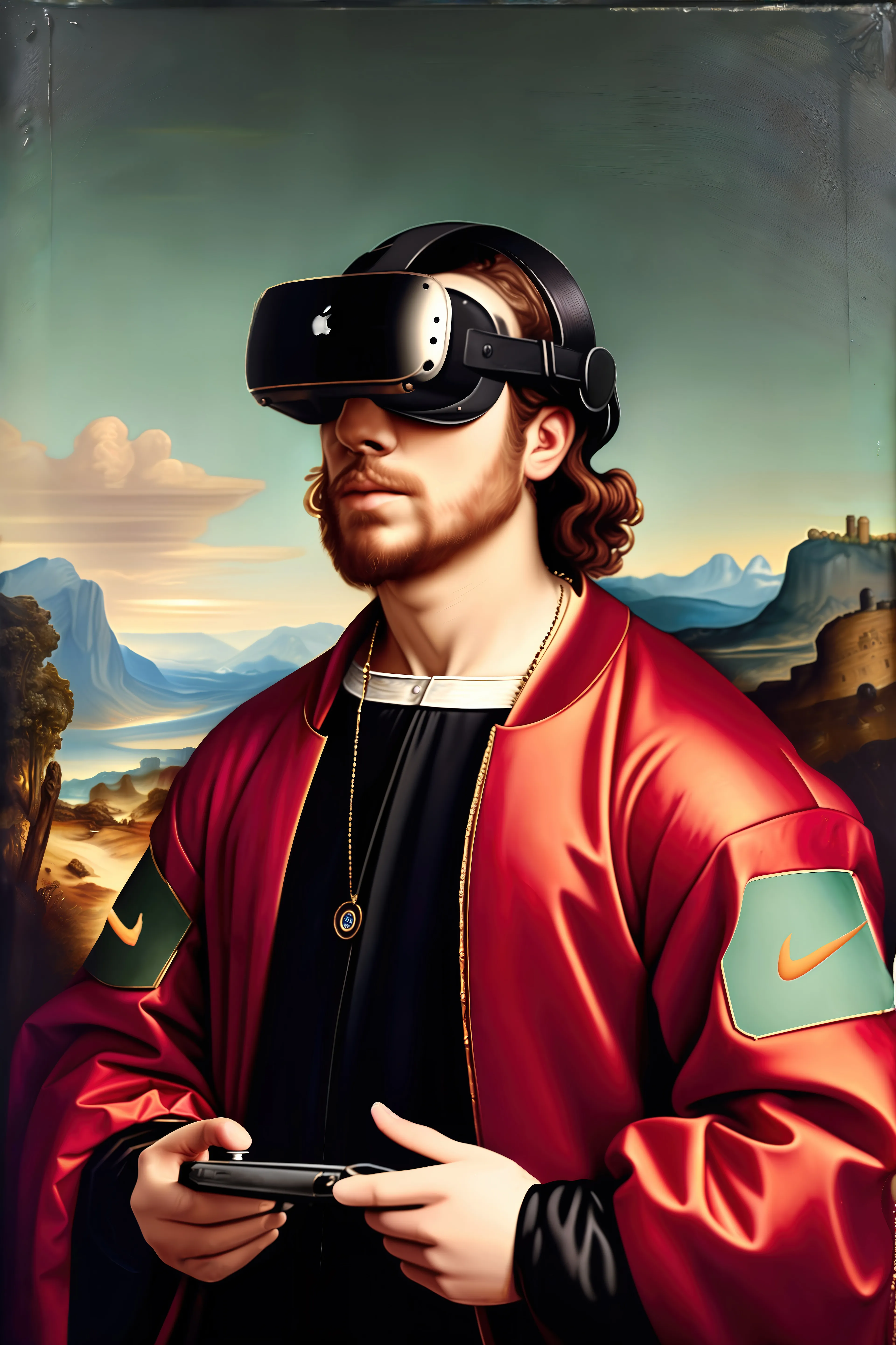 The "Threads of Time: The Modern Allegories" series blends Renaissance art aesthetic with contemporary branding and technology, using AI to induce the Mandela Effect by blurring the lines of time and memory, as if this modern attire donned such Renaissance-era figures.

As familiar icons of Nike, Apple, and the American Flag seamlessly integrate into classical scenes, viewers are left questioning the longevity of these symbols and perhaps altering our perception of history. While no formal affiliation exists between this series and the brands displayed, their use has become a critical component in the artist’s body of work. The juxtaposition of period-specific iconography invites us to recognize the common pursuit of beauty throughout time, while embracing the overt evolutions that are shaping this new era.

Each piece in this collection further explores themes such as compassion, exploration, empowerment, and innovation while celebrating the harmonious fusion between tradition and modernity, even antiquity and contemporary fashion. The subjects in these paintings embody diverse aspects of the modern human experience – from nurturing life on Earth to safeguarding digital assets. Together, each painting represents a quintessential allegory of the topics most critical to today’s culturally connected world.