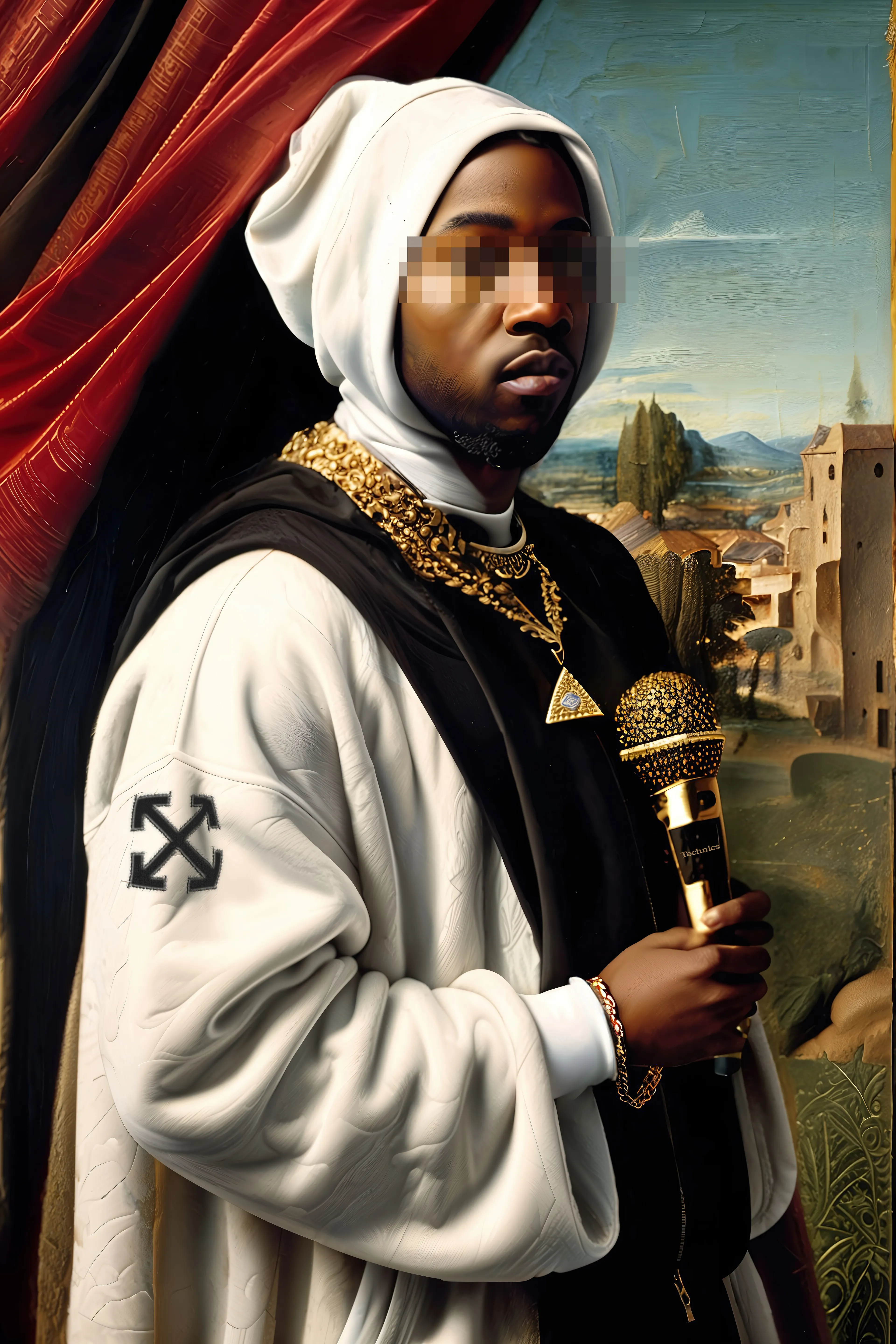 The "Threads of Time: The Modern Allegories" series blends Renaissance art aesthetic with contemporary branding and technology, using AI to induce the Mandela Effect by blurring the lines of time and memory, as if this modern attire donned such Renaissance-era figures.

As familiar icons of Nike, Apple, and the American Flag seamlessly integrate into classical scenes, viewers are left questioning the longevity of these symbols and perhaps altering our perception of history. While no formal affiliation exists between this series and the brands displayed, their use has become a critical component in the artist’s body of work. The juxtaposition of period-specific iconography invites us to recognize the common pursuit of beauty throughout time, while embracing the overt evolutions that are shaping this new era.

Each piece in this collection further explores themes such as compassion, exploration, empowerment, and innovation while celebrating the harmonious fusion between tradition and modernity, even antiquity and contemporary fashion. The subjects in these paintings embody diverse aspects of the modern human experience – from nurturing life on Earth to safeguarding digital assets. Together, each painting represents a quintessential allegory of the topics most critical to today’s culturally connected world.