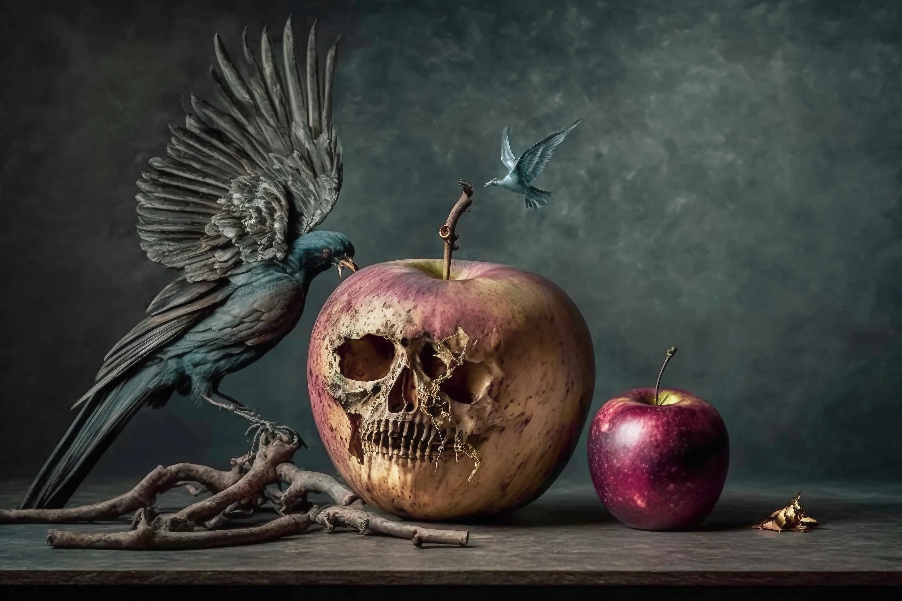 "Memento Mori" is a hauntingly beautiful conceptual artwork that explores the fragility of life and the inevitability of death. The piece is composed of a still life of a decaying apple, with parts of the fruit decayed, resembling a skull. A bird peaks the apple, its curious gaze drawn towards the decaying fruit. In contrast to the decaying apple, a healthy red apple sits beside it, seemingly untouched by the passage of time.

The artwork creates a sense of mood and atmosphere, with the decaying apple evoking feelings of loss, transience, and melancholy. The use of the skull as a visual motif reinforces the idea that all living things will eventually succumb to the inevitability of death. The bird serves as a reminder of the cyclical nature of life and the role that death plays in the natural order of things.

Overall, "Memento Mori" is a deeply emotive and evocative work of art that invites viewers to contemplate the impermanence of life and the beauty that can be found in decay. The artwork is a poignant reminder that everything is ephemeral, and that our time on this earth is finite.
