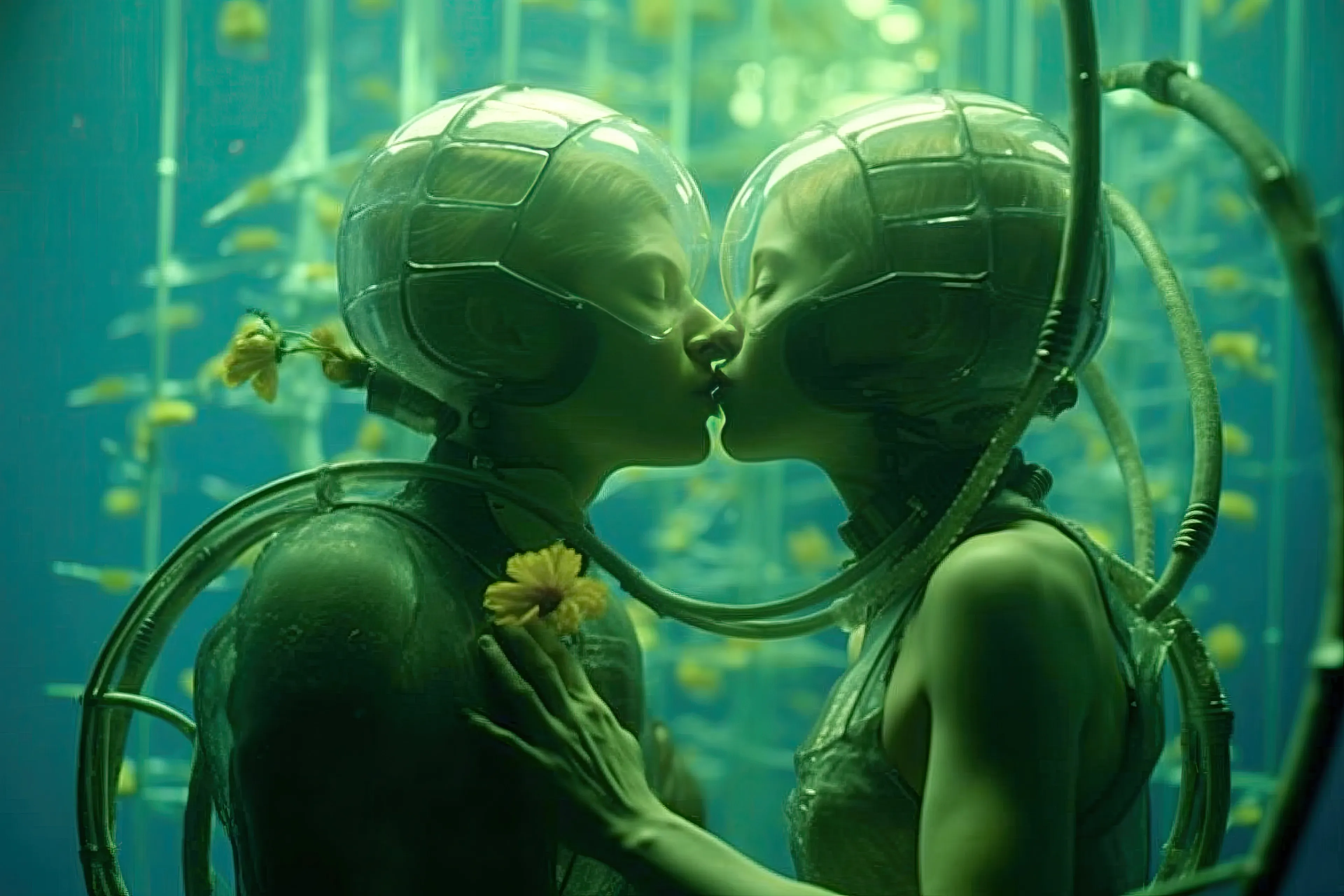 A couple shares a tender kiss in a surreal underwater post-biosphere world, their connection amplified by a bio-AI neural network, merging their very essence.

Vibrant flowers bloom and intertwine, symbolising the interconnectedness of nature and human emotion, renewal and the transformative potential when nature harmonises with evolving technology.

An enchanting harmony and wonder; the boundaries between natural and technological blur, with infinite possibilities.