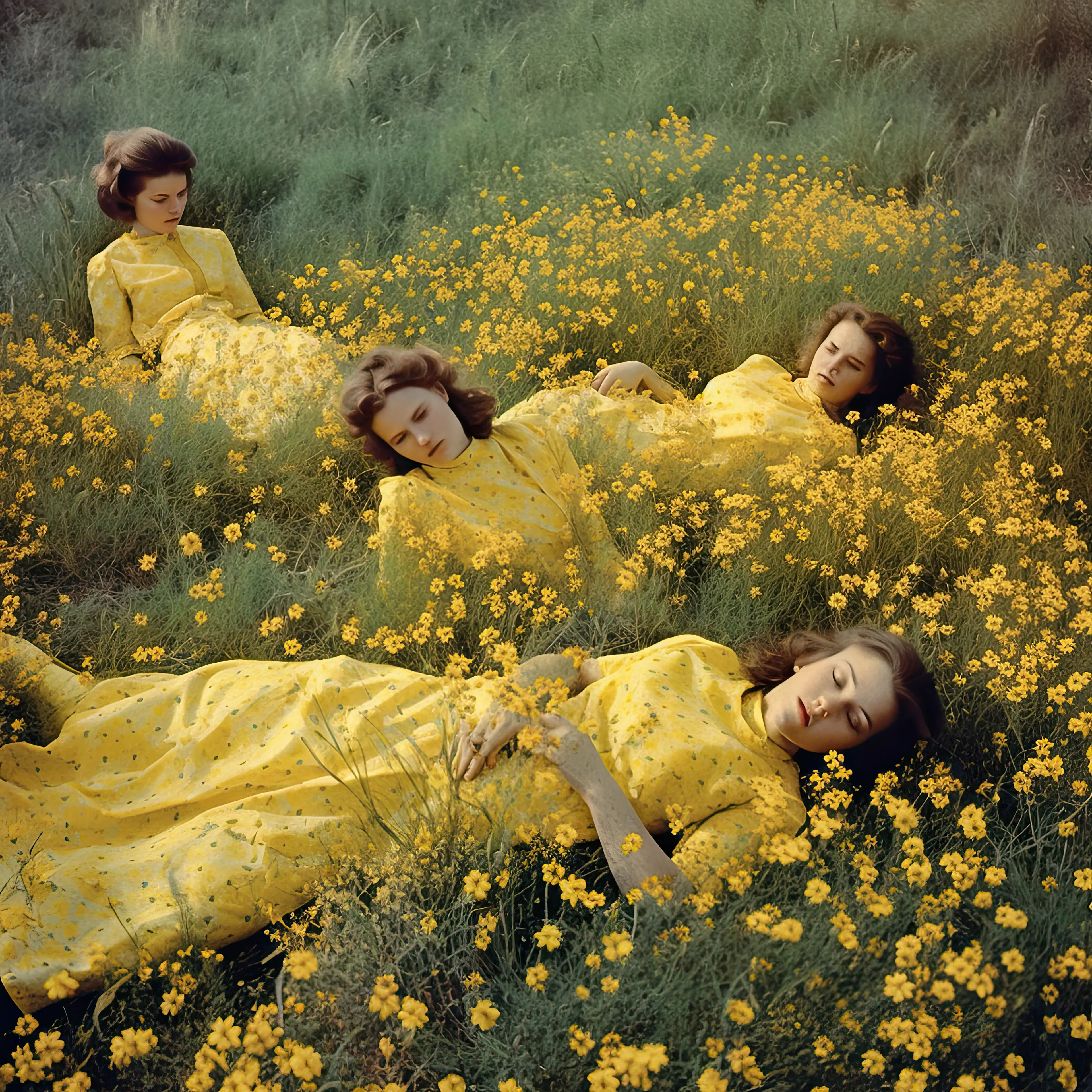In "Yellow Fields Forever", four women rest among vibrant yellow flowers, surrounded by lush green grass, basking in the radiant warmth of the sun. The serene scene captures the essence of a peaceful and sunny day, depicting the theme Sunny Days. The women, dressed in flowing yellow dresses, their bodies nestled amongst the flowers, appear as if they are one with nature. The sub-theme of chronic illness is conveyed through the fatigue and exhaustion of the women, juxtaposed against the beauty and vitality of the natural world around them. The artwork captures a moment of both struggle and peaceful surrender, evoking a sense of hope and resilience in the face of adversity.

Made as part of the Sunny Days World

1/1