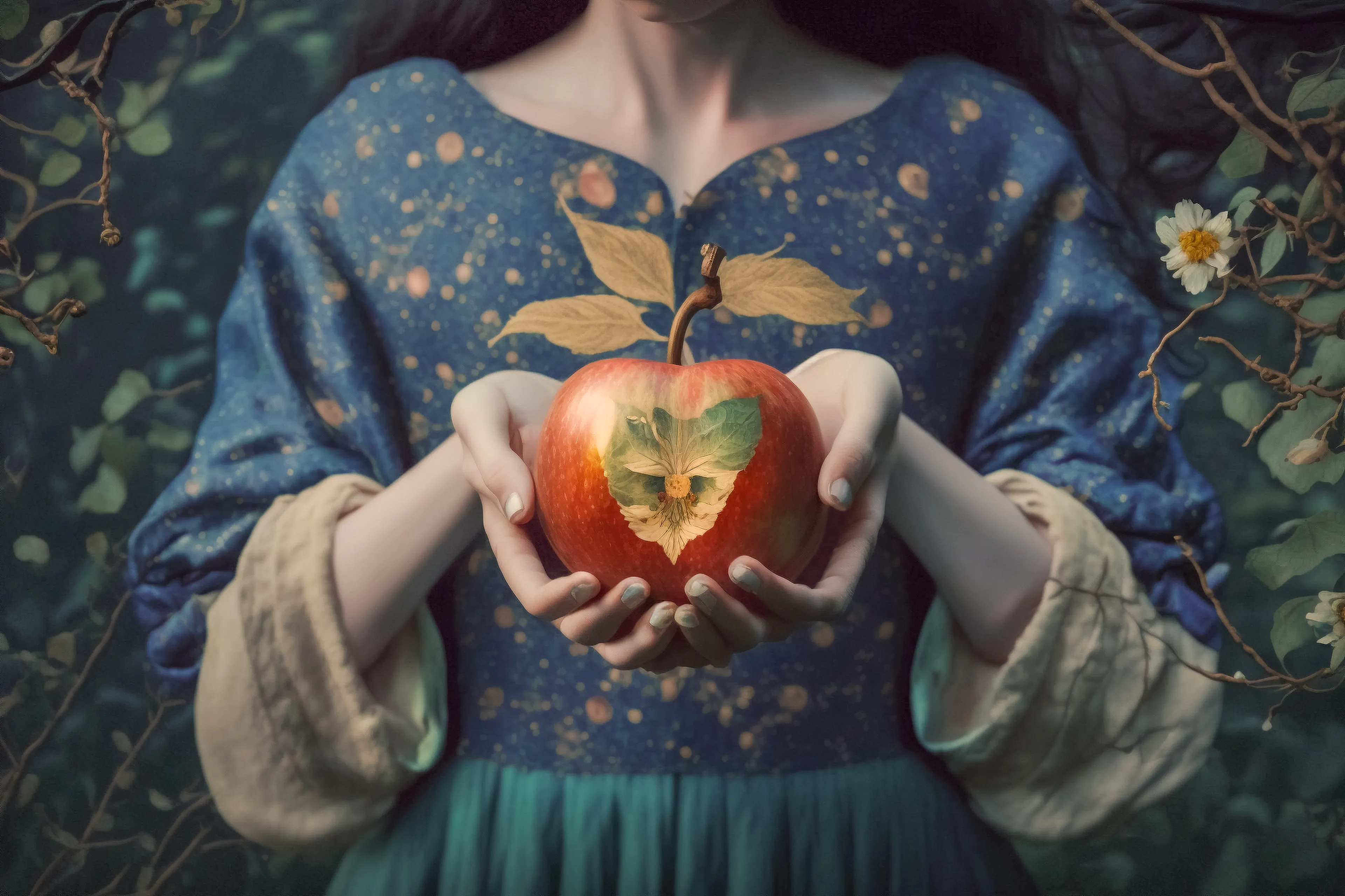 "Apple of My Heart" embodies a fairytale-like quality. The piece features an image of an apple with a heart-shaped formation of leaves, which is being held by a woman in front of her chest, as if holding her own heart. The woman's posture and expression suggest a sense of tenderness and affection. The leaves, arranged to form the heart shape on the apple, give the artwork an organic, naturalistic quality.

The image conjures the enchanting feeling of an otherworldly story, where nature, magic and technology intertwine to create something unique. The artwork encourages viewers to reflect on the duality of human emotions and the forces that shape them, both natural and artificial. "Apple of My Heart" invites viewers to explore the relationship between humans and the world around them.