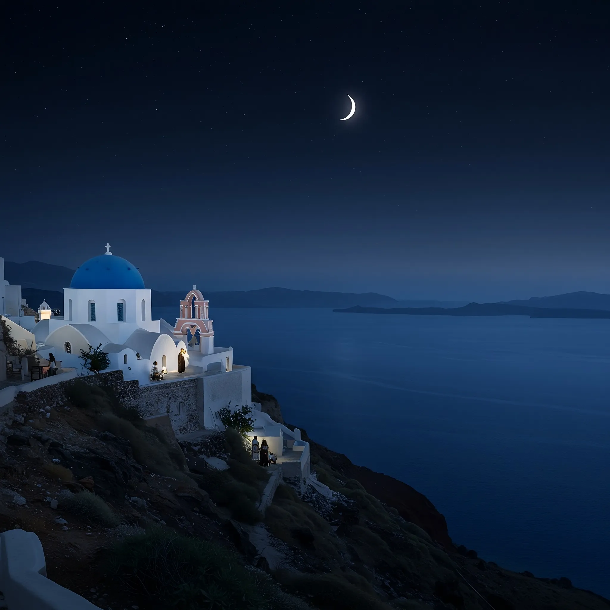 We dreamt we were on an island that time forgot, perched on a rocky hillside under a sky of deepening indigo. A sliver of a crescent moon hung like a silver hook, pulling the deep blue sea towards the shore. Below us, a whitewashed church stood silent, its own small sky captured in its blue dome, its bell tower watching over us with hollow arches. We were gathered there on the patio, shadows and whispers, a woman in a black dress a stark figure against the luminous walls. We weren't waiting for a bell to toll or a door to open, but simply existing in the quiet hum of the night, suspended between the rocks below and the infinite dark above.