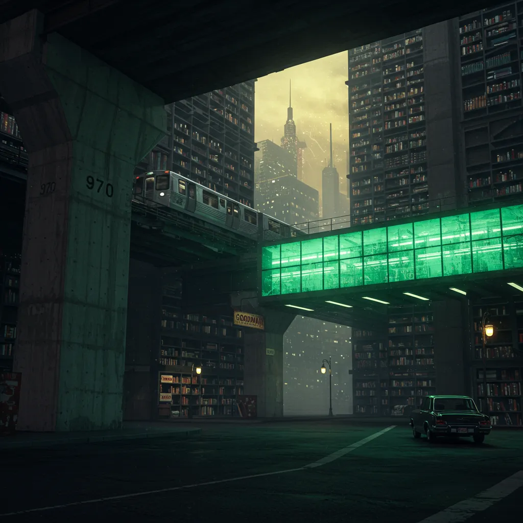 "In the city of cataloged existence, the sky is a permanent, pale yellow stain above. This isn't a city of offices and homes, but a single, cavernous library stretching to the horizon, its streets paved with dark asphalt where lone black cars crawl like beetles through canyons of knowledge. Massive structural pillars, etched with cryptic numbers like "C 900" and "860," rise into the gloom, supporting not only the multi-level metal shelves heavy with the world's books but also the elevated tracks for the silent, silver trains that glide through the upper strata. One can cross the void on walkways of green translucent panels, illuminated by flickering fluorescent lights, casting an eerie glow on the "GOODMAN" sign below—a forgotten author, perhaps, or a destination in this labyrinth of print and steel. From these bridges, you see everything and nothing: the endless rows of spines, the distant skyscraper piercing the yellow haze, and the profound, structural silence of a world built from organized thought and cold metal."

Part of the Synthesis NFT collection, which uses a proprietary AI image generation algorithm to semantically fuse images into a layered visual narrative.  

Created with JavaScript, Google Gemini, Genkit, Imagen, and Vertex AI.