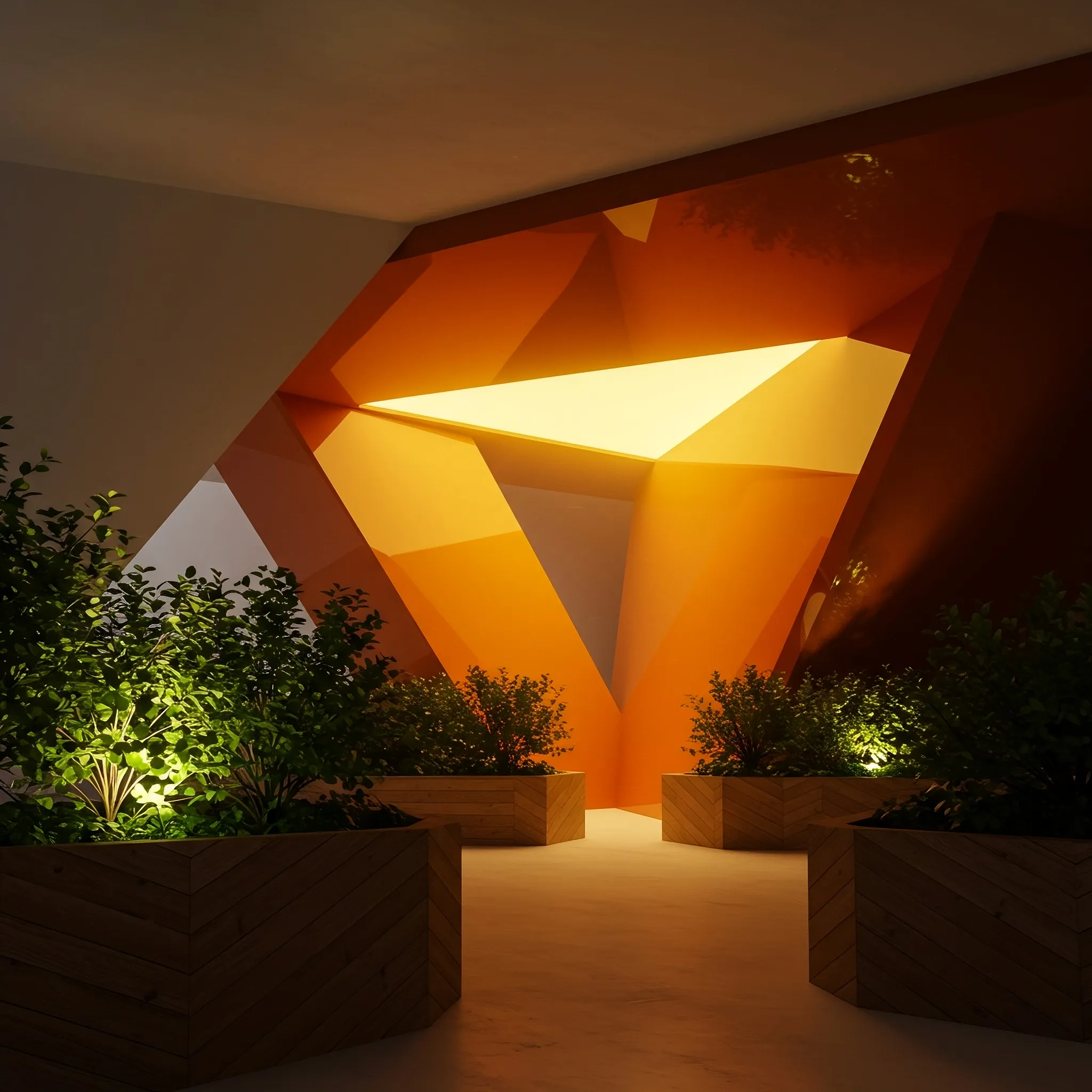 I dreamt of a place where architecture forgets its purpose, a silent arboretum caught between dusk and dawn. Great abstract structures, hollowed and lined with reflective orange, pulsed with a dual light—one side bathed in the cool, sterile glow of a distant nebula, the other in the warm, nostalgic yellow of a forgotten sun. These luminous forms held back an encroaching darkness that threatened to consume the white walls of the world. In the foreground, rigid order prevailed; large wooden planter boxes, carved into chevrons and L-shapes, imposed their geometry upon the floor, their green foliage a quiet, living rebellion against the stark perfection. It was a garden of contradictions, a blueprint of a memory, where light wrestled with shadow and nature was contained within the sharpest of lines.