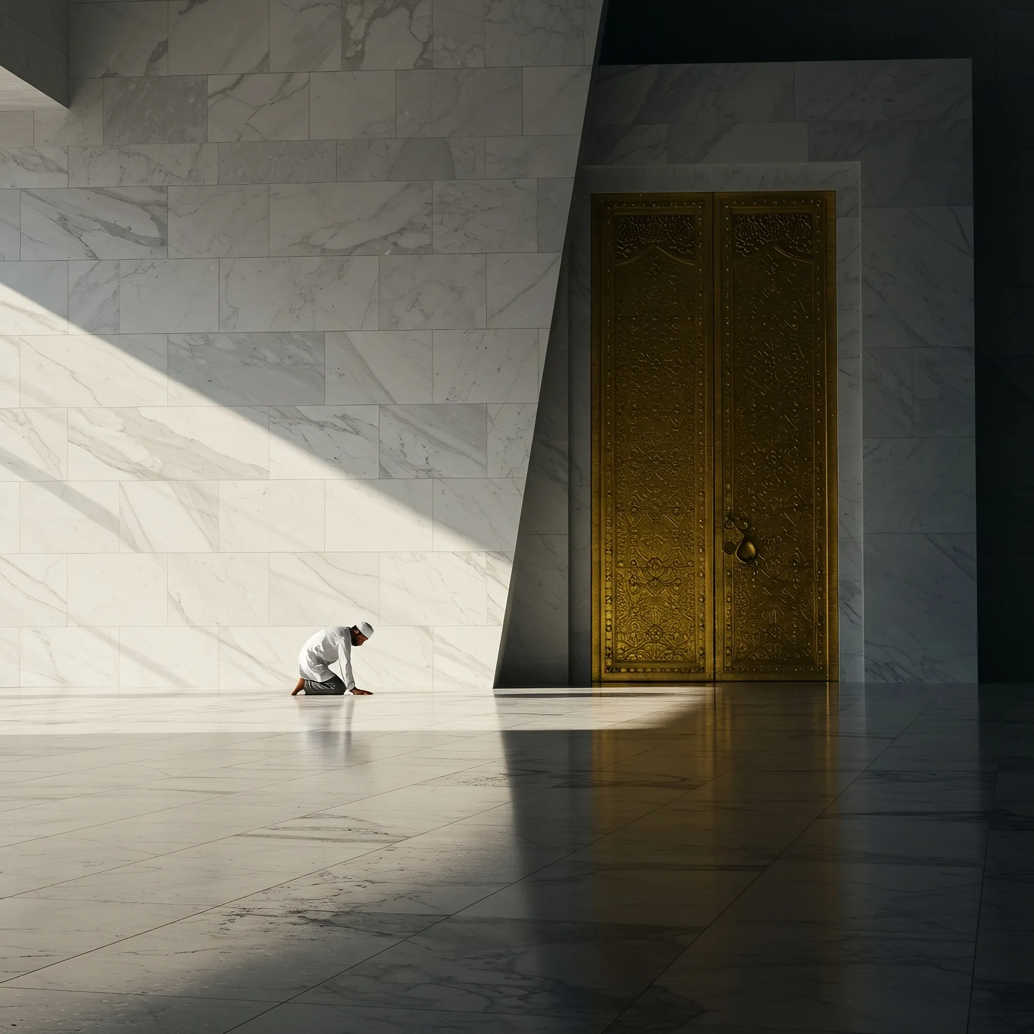 In a hall of silent, white marble, a solitary figure knelt, his form a small island of devotion in an ocean of stone. Before him, immense doors of polished gold stood closed, holding back an eternity of unseen light, yet a sliver of that brilliance pierced the chamber, cleaving the world into stark day and deep shadow. His prayer was a quiet anchor in the vastness, a whispered word against the cold stone, a bow of humility before a threshold he could only approach in spirit, the echo of his faith the only thing to fill the grand, empty space.