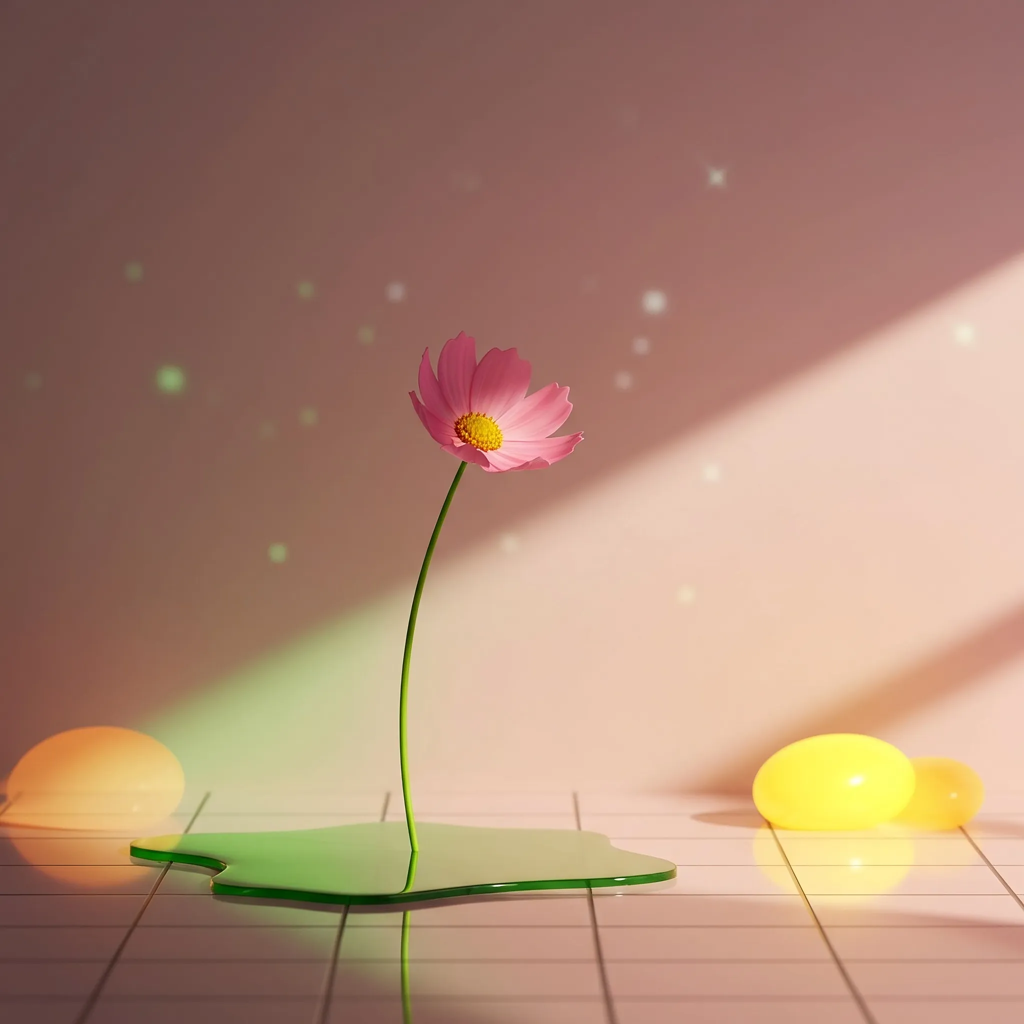 I dreamt I was in a room of quiet dawn, where the floor was a grid of cool tiles and the air was the color of a faint blush. In the center of it all stood a single, slender flower, its face turned away as if in thought. It wasn't the sun that gave it life, but memories of light that pooled on the ground around it—a patch of vibrant yellow from a forgotten afternoon, a deep green from a forest slumber, and a sliver of impossible blue from the edge of the sky. These borrowed hues washed over the solitary bloom, painting its pink petals in a shifting mosaic of what was and what could be, a silent story told in colored light.
