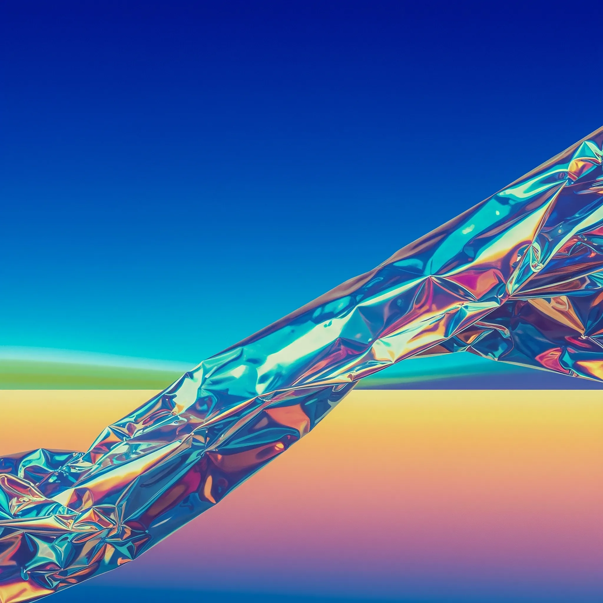 I dreamt I was drifting through a landscape made of pure feeling, where the horizon was a soft gradient of deep blue calm. Before me, the ground was a warm expanse of pink and orange joy, a blush of present emotion. Just beyond, a cool field of cyan and green memory receded into the quiet distance. And there, caught between moments, was a relic—a piece of the sky itself, crumpled and iridescent, a forgotten whisper from a future self, shimmering with every color I had yet to feel.