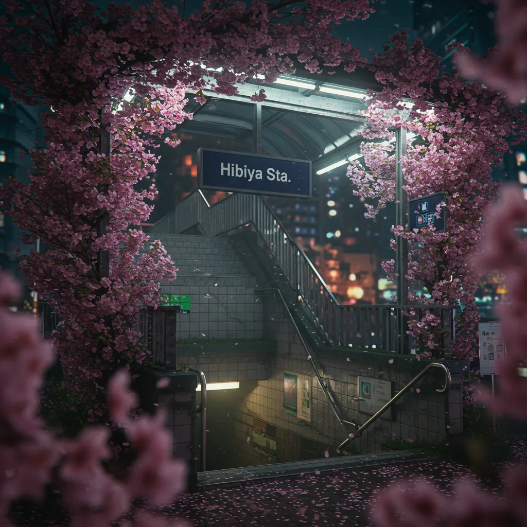"I dreamt I was standing on a silent city street at twilight, the asphalt a river of deep indigo. Before me, an entrance to the underground breathed cool air, its tiled walls gleaming under an unseen light. A sign, a stark cube, bore a symbol that promised a journey not through tunnels of steel, but through veins of the earth. Another sign simply whispered 'Hibiya Sta.,' a name that felt like a forgotten mantra. But the city was not just concrete and signs; it was alive with impossible nature. Great branches of cherry blossoms, heavy with soft pink flowers, cascaded over the canopy of the stairwell, their petals blurring into the midground haze like a watercolor memory. They grew from the cracks in the pavement, their roots intertwined with the silent rails below, inviting me to descend the stairs, past the maps of forgotten places and into a floral underworld where the metro runs on dreams instead of electricity."

Part of the Synthesis NFT collection, which uses a proprietary AI image generation algorithm to semantically fuse images into a layered visual narrative.  

Created with JavaScript, Google Gemini, Genkit, Imagen, and Vertex AI.