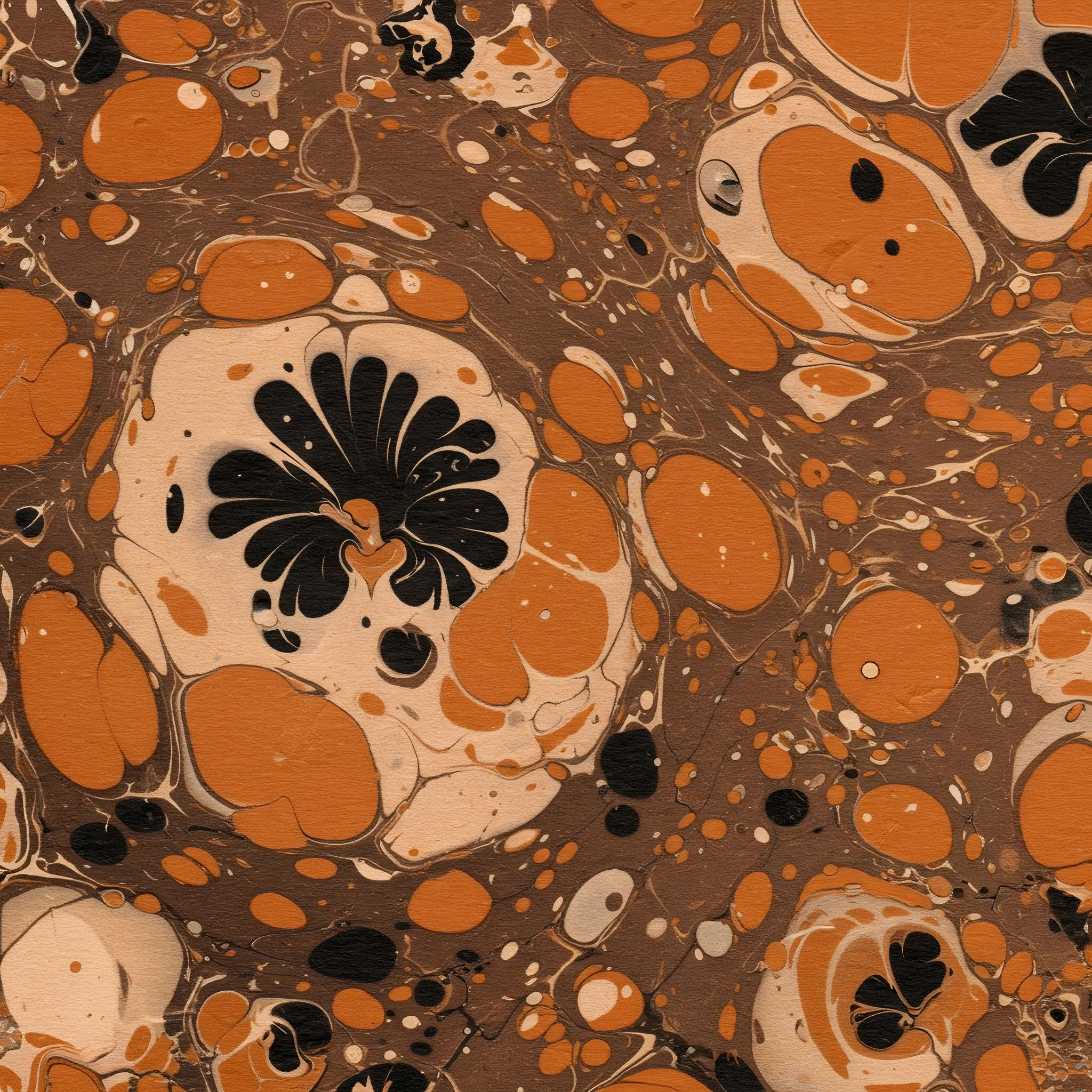 In the quiet archives of a dream, a garden is remembered not in soil, but on paper. Rivers of brown, orange, and beige ink swirl across a textured expanse, their currents frozen in time to form the ghosts of foliage and flora. Stylized flowers bloom from pools of black, their petals like serrated script, while abstract vines trace paths through the marbled chaos. This is no living conservatory, but a fossilized impression, a garden that bloomed and withered in a single, fluid moment, its entire existence captured in the warm, earthen stains of a forgotten page.