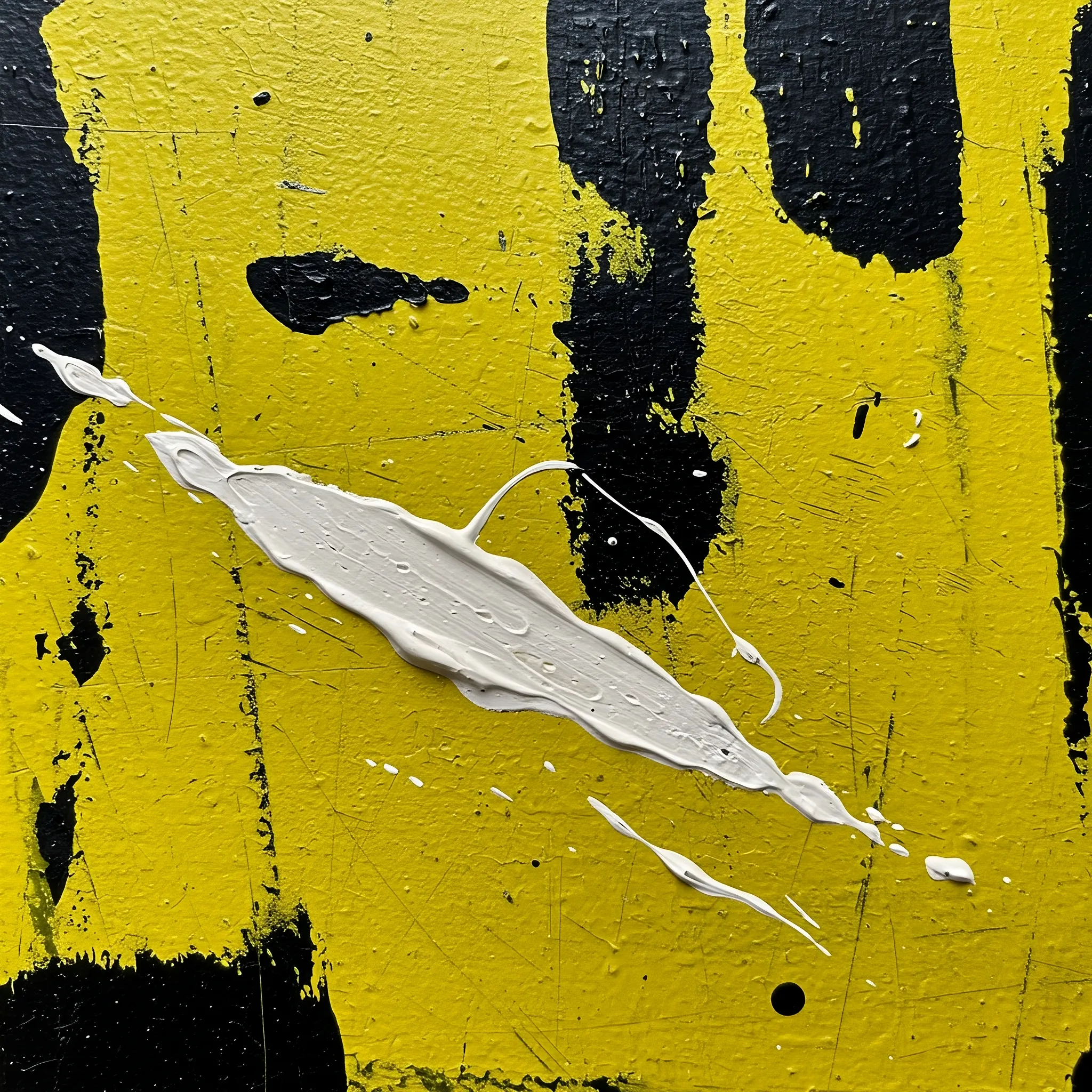 In the yellow-fevered expanse of a forgotten dream, the old wall of consciousness begins to surrender. Scratches like forgotten hieroglyphs map out ancient sorrows, while the very skin of the moment, a layer of brittle paint, curls back to reveal the void beneath. Across this decaying canvas, silent, ink-black figures stand their ground, immutable shapes against the screaming yellow. And then, a singular, violent slash of white—a brushstroke so raw you can feel the drag of every bristle—cuts through the scene, a final, defiant thought before a single black dot punctuates the silence, an end to a story that was never told.