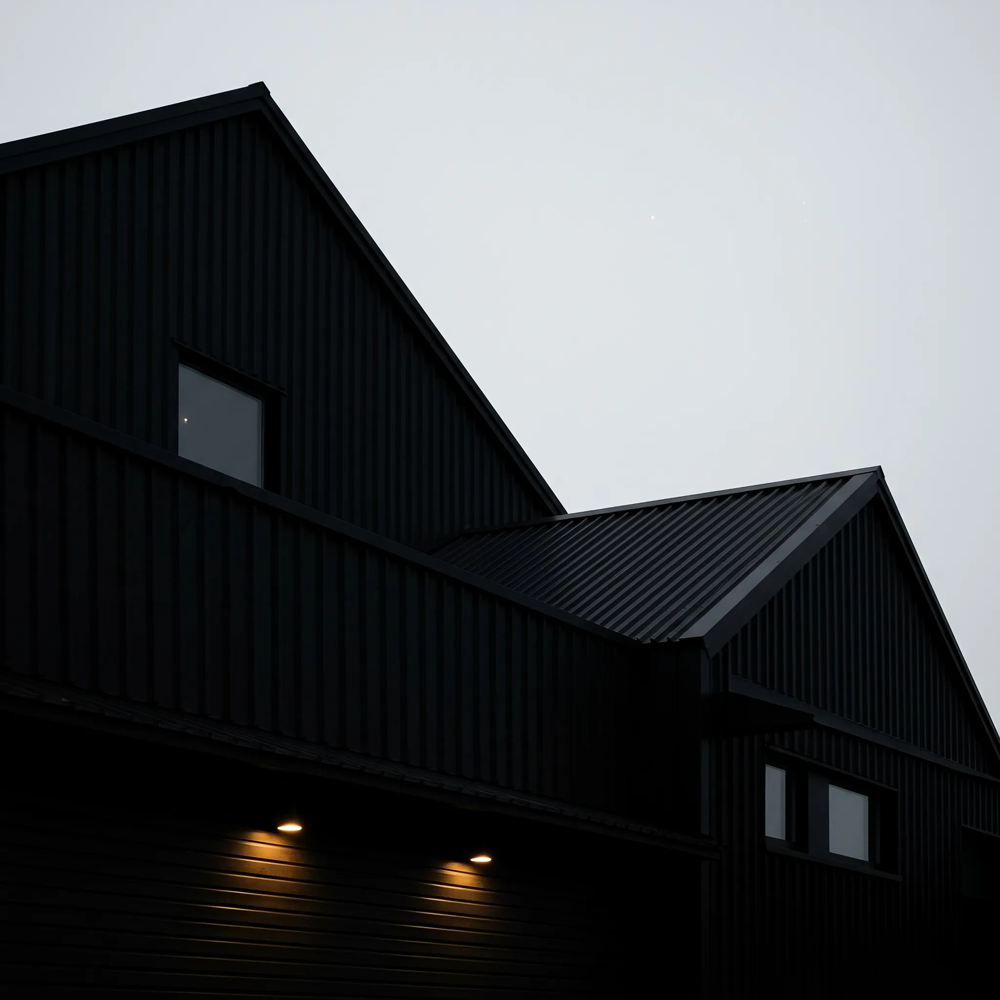 In the quiet sector, where the sky bleached itself white in an endless twilight, the structure stood as a monument to forgotten purposes. Its corrugated metal roof sang a silent, tinny song to the one star that dared to pierce the luminous void. Below the black eaves, walls of dark metal and horizontal siding held their breath, punctuated only by the vacant stare of a small, square window and the angled glance of another. Two circular lights on the lower facade pulsed with a slow, rhythmic glow, a solitary signal answering the pinprick in the heavens, waiting for a reply that never came across the silent, metallic expanse.