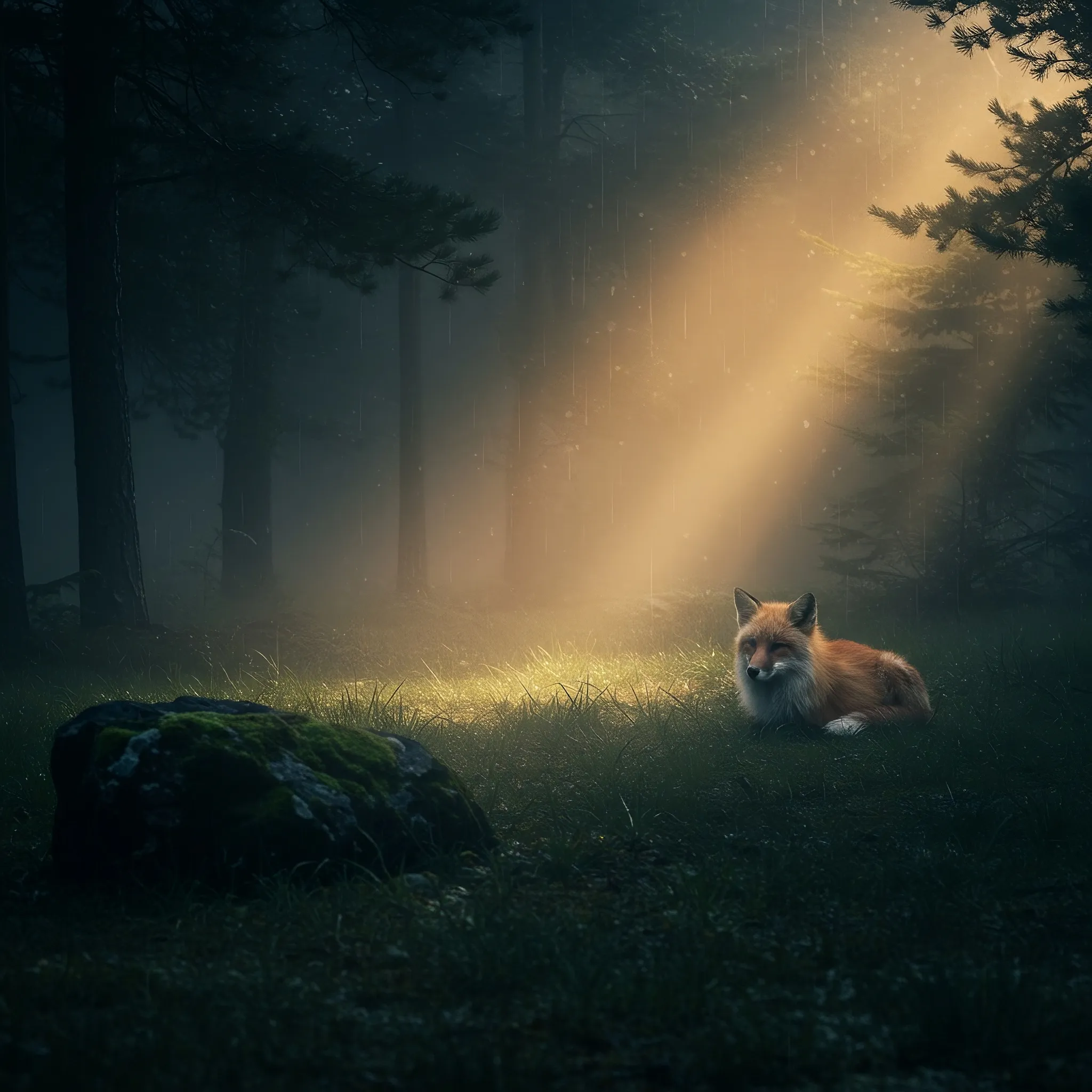 In the heart of the shadow-drenched woods, where rain falls not as water but as liquid light, the fox dreams. It curls upon a bed of cool, damp grass, a single warm spark against the encroaching dark. Below, the ancient rocks hold the forest's deep slumber, while above, the treetops pierce a breathing veil of amber mist, reaching for a sky they cannot see. The world is a paradox of warm glows and cool shadows, a quiet, dripping sanctuary where the fox is the sole keeper of the fog's whispered secrets.