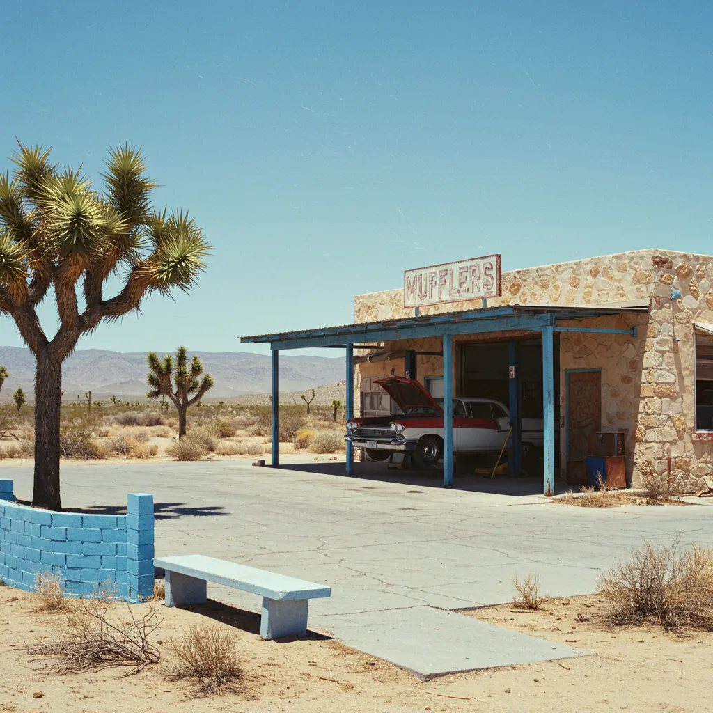 "I remember a silence that tasted of hot metal and dust. We had driven the old red and white beast until its heart gave out, the hood gaping open like a silent scream under the vast, indifferent blue sky. The muffler shop appeared like a mirage, a strange cathedral of blue beams and tan rock, flanked by the skeletal arms of Joshua Trees. Two of us stood small on a dirt path, watching as our journey was hoisted into the air on a hydraulic altar. A lone gray bench on the concrete waited for a story that had already ended, its back to a blue brick wall that had no business being there, a strange fragment of a forgotten city swallowed by the sand. The mountains in the distance held their breath, and the world was captured in the grainy silver of a memory I wasn't sure was ever mine."

Part of the Synthesis collection, which uses a proprietary AI image generation algorithm to semantically fuse images into a layered visual narrative.

Created with JavaScript, Google Gemini, Genkit, Imagen, and Vertex AI.