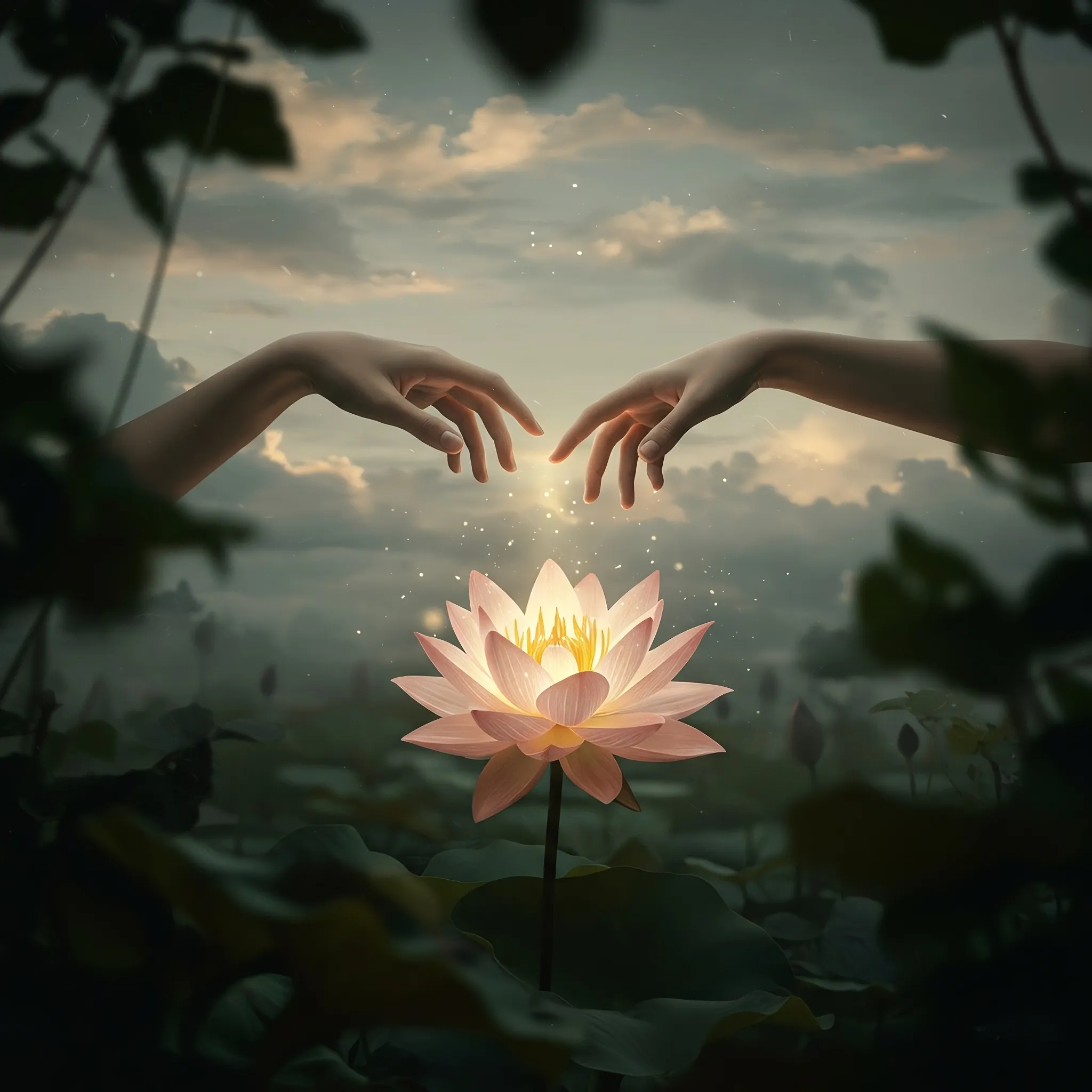 In the soft, grainy light of a world between waking and sleeping, two hands reach across an unseen divide. One descends from the cloudy heavens, the other rises from the dark below, their fingers straining for a touch that is never met. From the very heart of this longing, a single, magnificent lotus blooms, its petals catching the ethereal light, its long stem the only anchor in the haze. Within this suspended moment, ghostly reflections shimmer at the edges of sight, echoes of other selves in other worlds, all witnessing the beautiful, impossible connection.