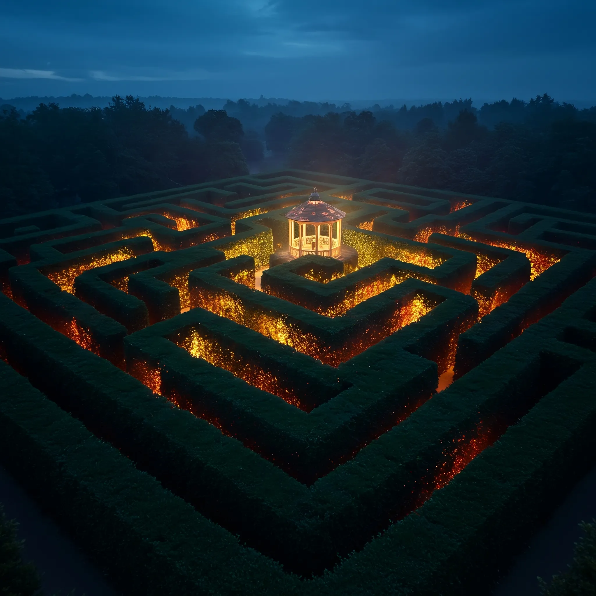 I dreamt I was lost within a maze where the hedges held a secret fire. Their outer leaves were a dark, reflective sheath of night, but their inner walls pulsed with a living, golden-orange luminescence, casting the winding paths in a warm, secret glow. The labyrinth was a contradiction, a place of enclosing shadow and radiant revelation, its passages receding into an unknown darkness. At its very heart, I found a lone gazebo, and within it, a solitary figure, not trapped, but seemingly the source of the light itself, the quiet center of the burning world.