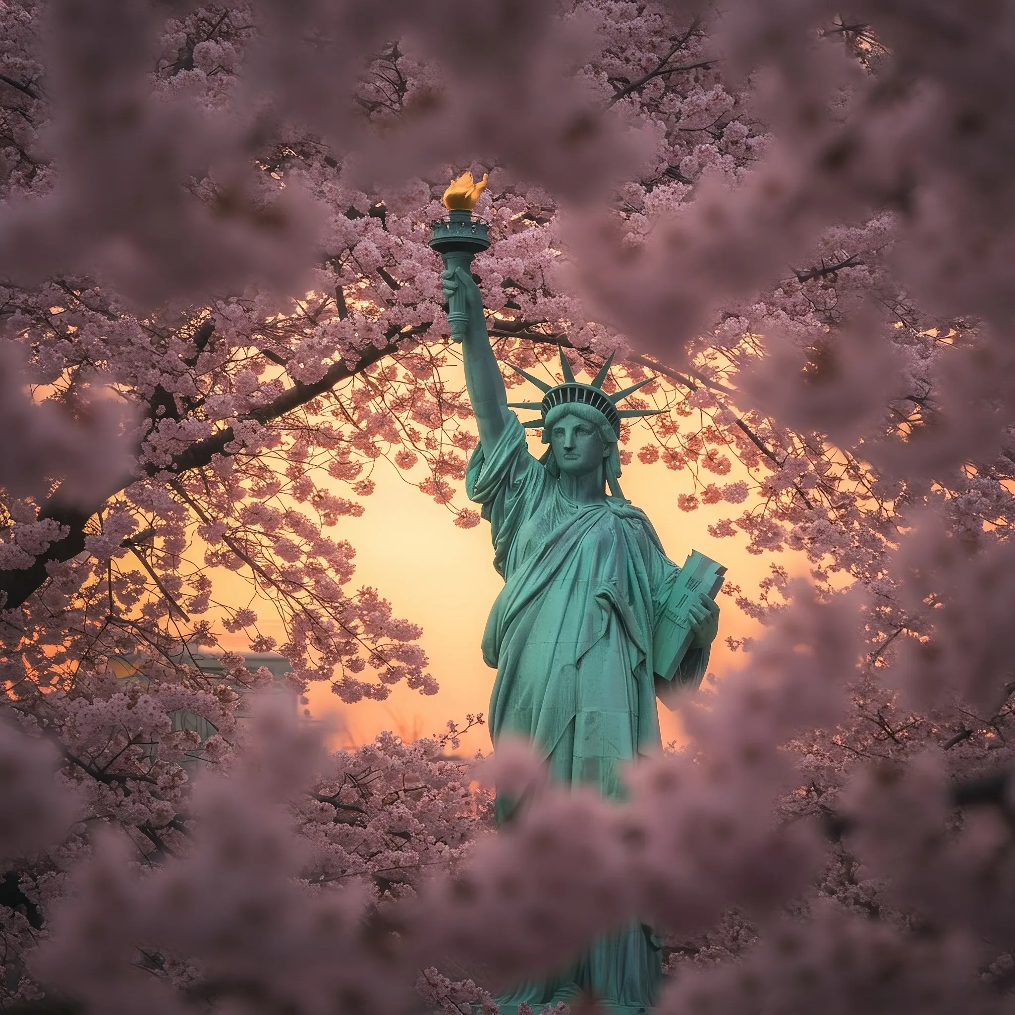 In a dream of seasons, the great Lady of the Harbor found herself not by the sea, but in a garden of fleeting moments. The verdigris of her skin was a stark, ancient truth against the soft promise of pink cherry blossoms, which fell like silent confetti around her. Her torch, no longer a beacon for ships, now cast its steady golden flame as a companion to the pale orange dawn, a constant heart in a world that bloomed and faded with breathtaking speed. She held her tablet of laws, a strange anchor in this soft, fragrant wilderness, a monument to permanence lost in a beautiful, temporary spring.
