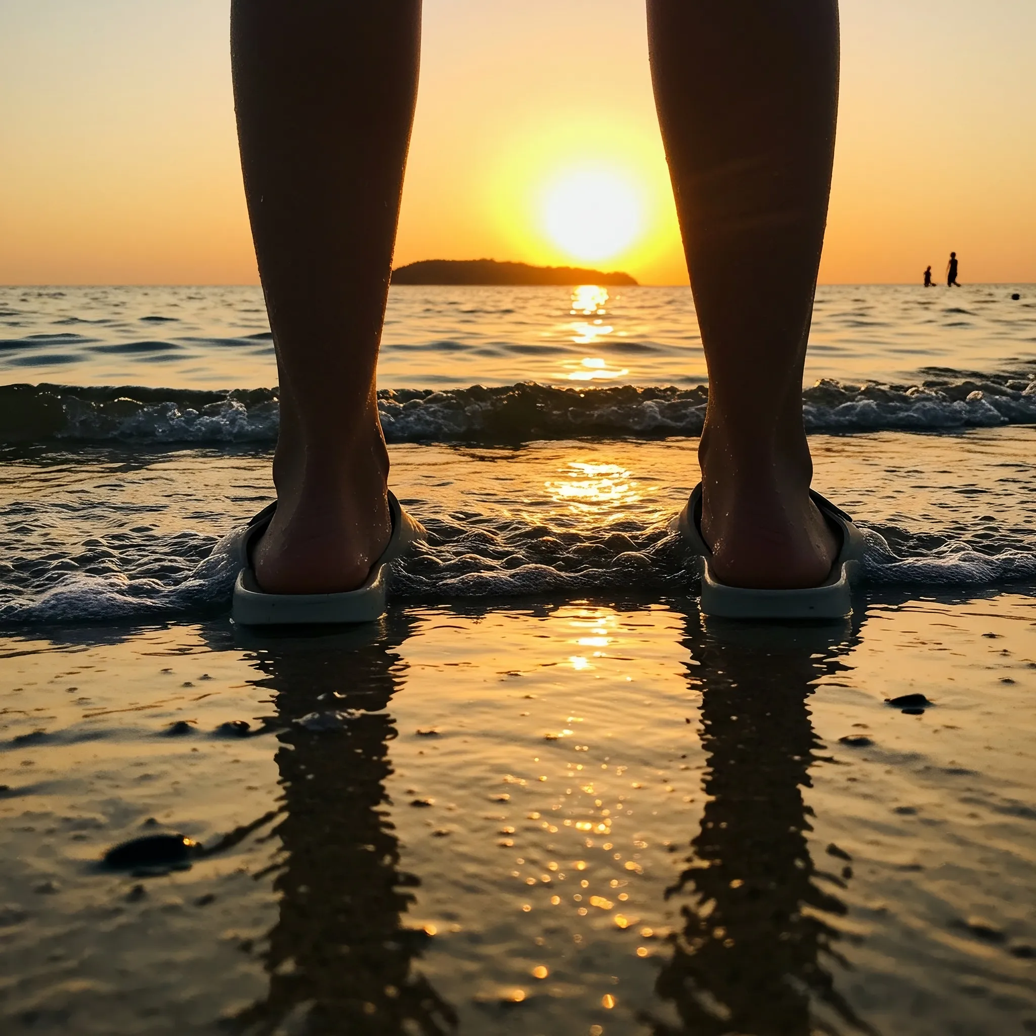 I dreamt I was a giant again, standing sentinel at the world's edge where the sea breathes its last sigh upon the shore. My feet, anchored in the wet, glittering sand, were the only real things in a world of golden haze. Each toe was a declaration, a small crimson rebellion against the fading light. Far down the beach, other figures, small as scattered pebbles, walked the same line between water and land, their journeys distant echoes of my own. The sun bled into the water, silhouetting the sleeping mountains as I stood ankle-deep in the cool, receding memory of the day, feeling the weight of the sky on my shoulders and the pull of the tide in my bones.