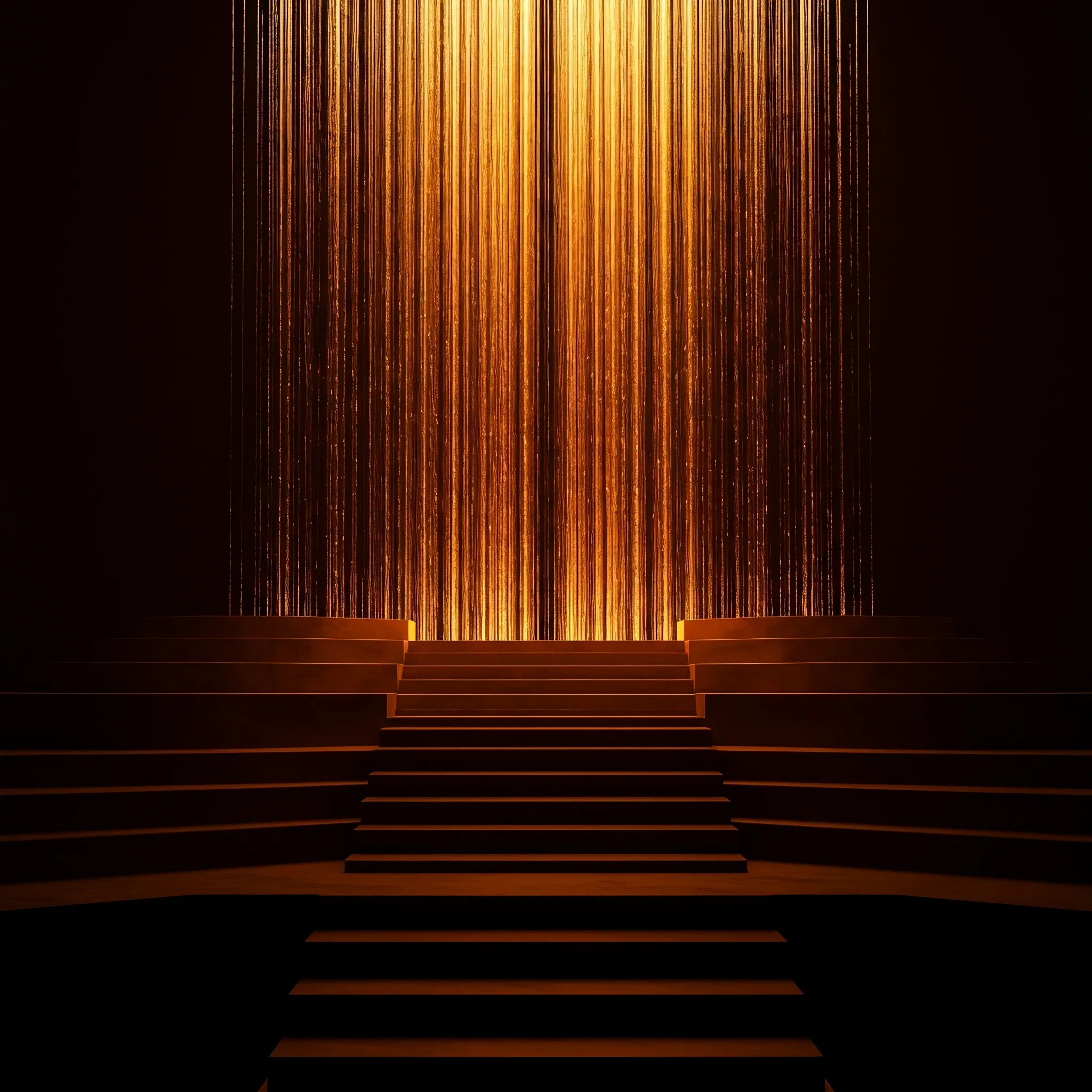 In the dream of ascent, the path is not stone but tiered shadow, each widely spaced step leading into an infinite blackness. A flowing curtain of golden light streaks hangs in the air, a shimmering veil to be passed through. Beyond it, an abstract structure glows with an inner orange light, its gentle lines curving upwards, converging at a distant vanishing point. It is a silent invitation to climb towards a destination that dissolves as it is approached, a staircase built from the memory of light itself.