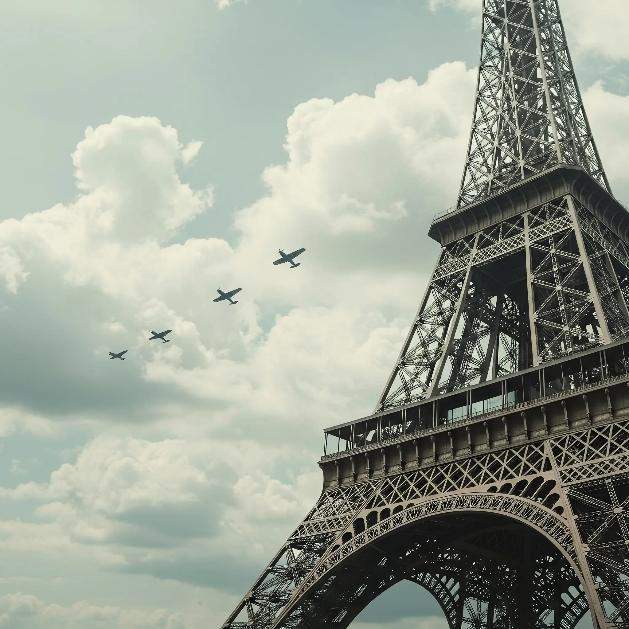 It is said that every century, when the clouds gather in just the right formations over Paris, the Great Iron Migration begins. From the silent, wrought-iron nest of the great tower, a flock of metallic birds takes flight, their engines a low hum against the pale blue expanse. They are not machines of war or travel, but souls of industry given wings, seeking new horizons beyond the veil of the sky. The tower watches them go, a lonely sentinel of a forgotten age, its lattice frame a testament to the dreams that have yet to take flight, waiting for the day its own flock will return.