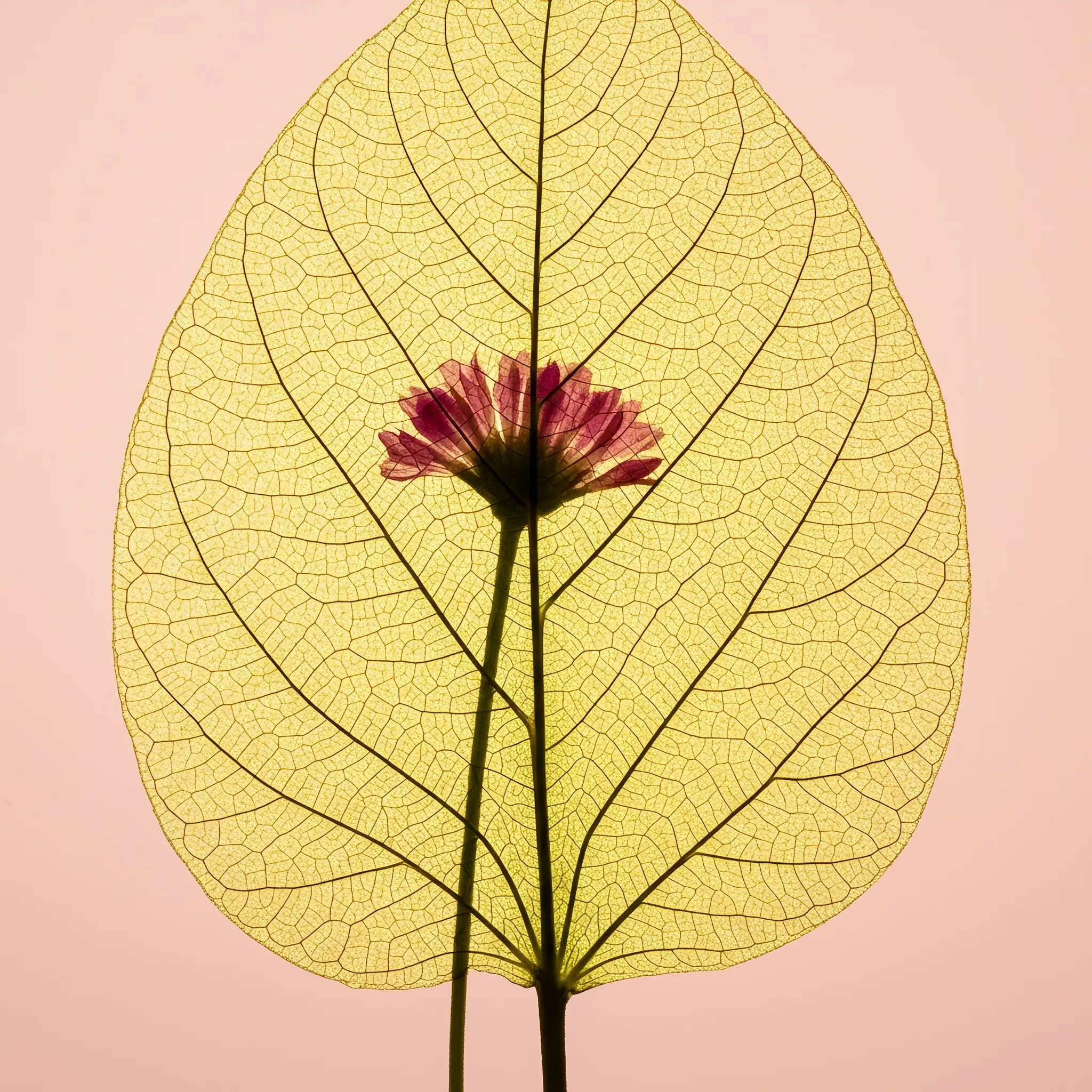 I dreamt I was tracing the lines on an ancient map, a world contained within a single leaf. The veins were infinite, parallel roads of chartreuse light, all converging on a great central highway that split the world in two. It was a silent, verdant landscape, pulsing with a life I could feel but not see. Then, beyond the translucent edge of my world, a soft nebula bloomed. A single, pink blossom unfurled from its delicate stem, a distant star of impossible color against the pale, endless blush of the morning sky, whispering a secret I would forget upon waking.