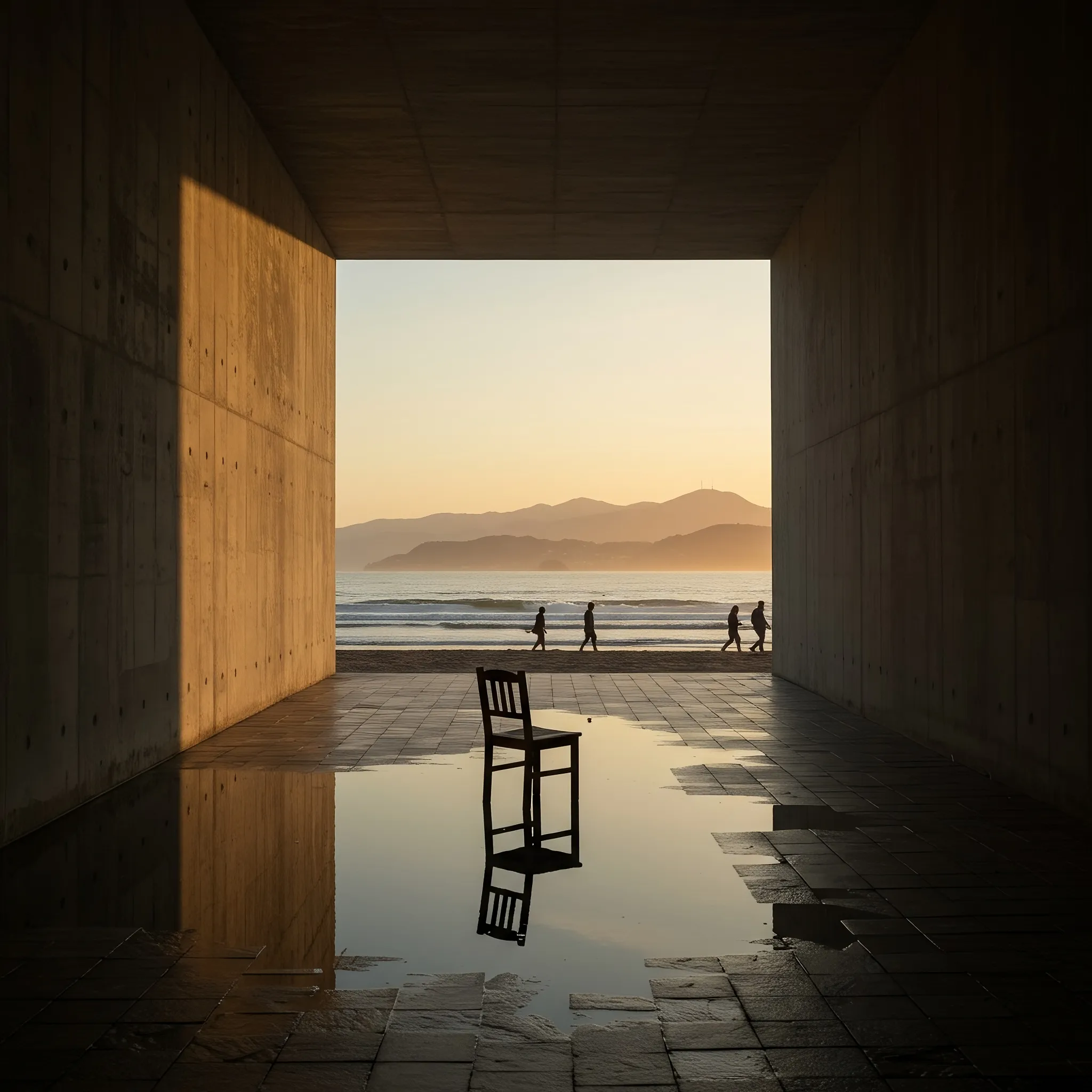 I awoke not to a place, but to a feeling framed in concrete. The world outside the heavy, stone archway was a memory of a sunset, a pale blue sky bleeding into warm hues above distant mountains and a tranquil sea. Tiny figures of people drifted along the sandy shore, their moment captured and held forever in this silent vista. Below me, on the paved stone walkway, shadows stretched long, telling a time I couldn't comprehend. A single chair sat in the still water that had crept in, its feet submerged, its reflection a perfect, wavering twin. It waited for a silent observer, an audience for the end of a day that felt like the end of all days, a tranquil perch on the edge of a forgotten world.