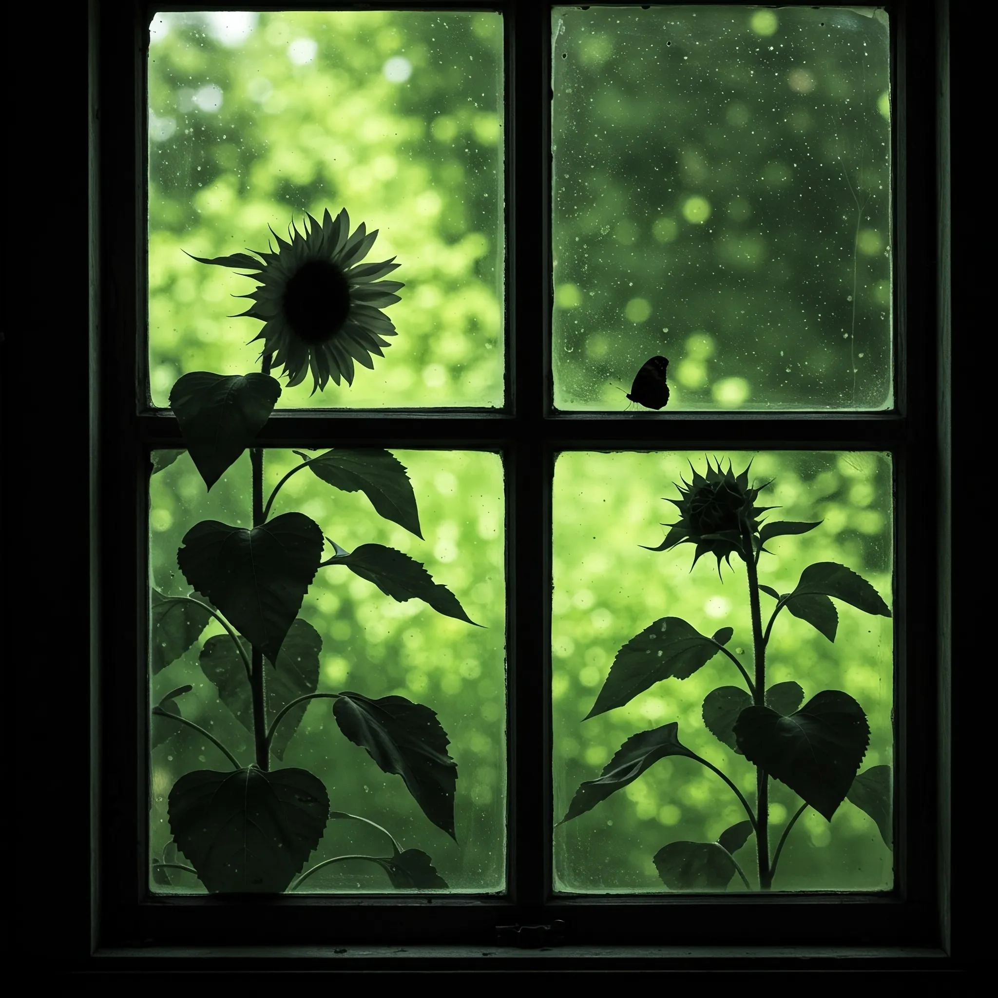 It was a dream of the green hour, a moment caught behind a film of dust and memory. I stood before the window, not as myself, but as a silent observer to a forgotten garden. Great sunflowers, their faces turned away or bowed in reverence, stood as dark sentinels against the world. They were not plants, but shadows burned into the glass, and on one, a butterfly had paused its journey, its wings a perfect, still silhouette. Beyond this pane of forgotten time, the world had dissolved into an out-of-focus wash of impossible lime green, a vibrant, humming emptiness. It was a silent vigil, the dark flora and fauna keeping watch over a summer that was no longer real, a serenade played in the key of shadow.